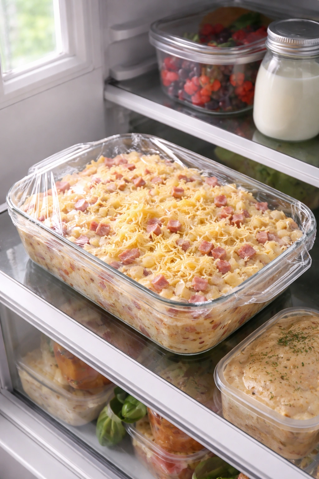 Casserole assembled and wrapped, ready for make-ahead storage