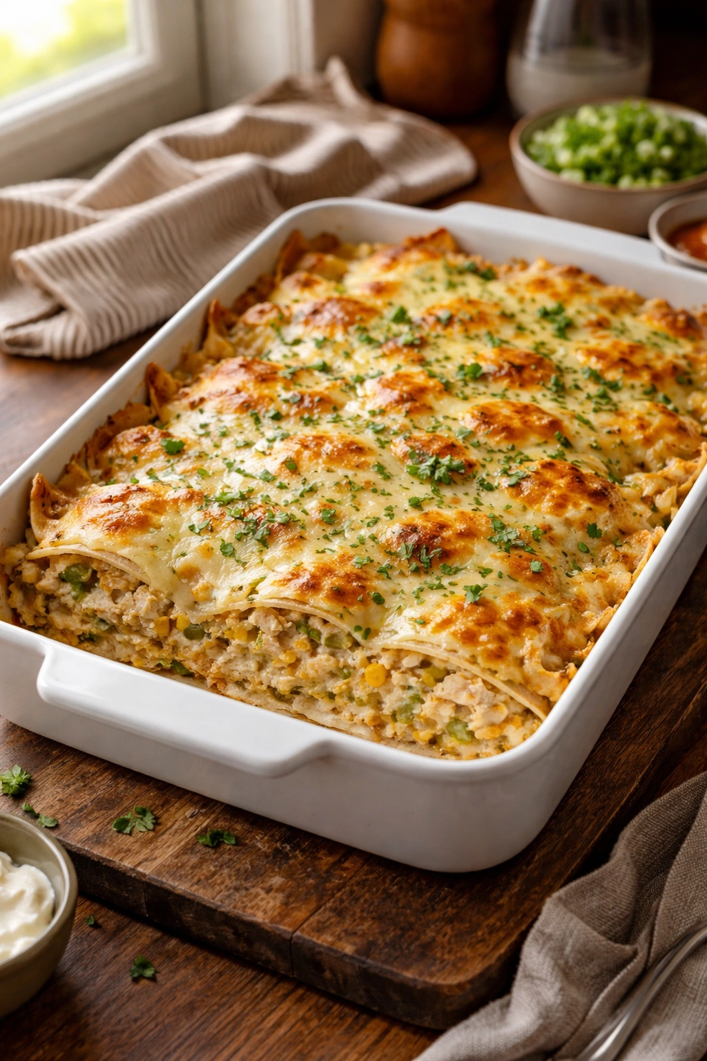 Large baked chicken casserole in a 9x13 pan on a wooden kitchen counter.