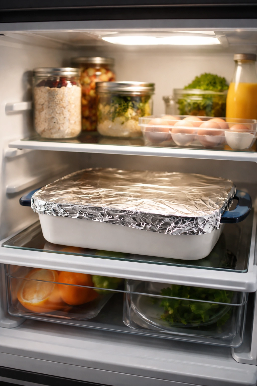 Casserole dish covered with foil on a refrigerator shelf, representing make-ahead prep