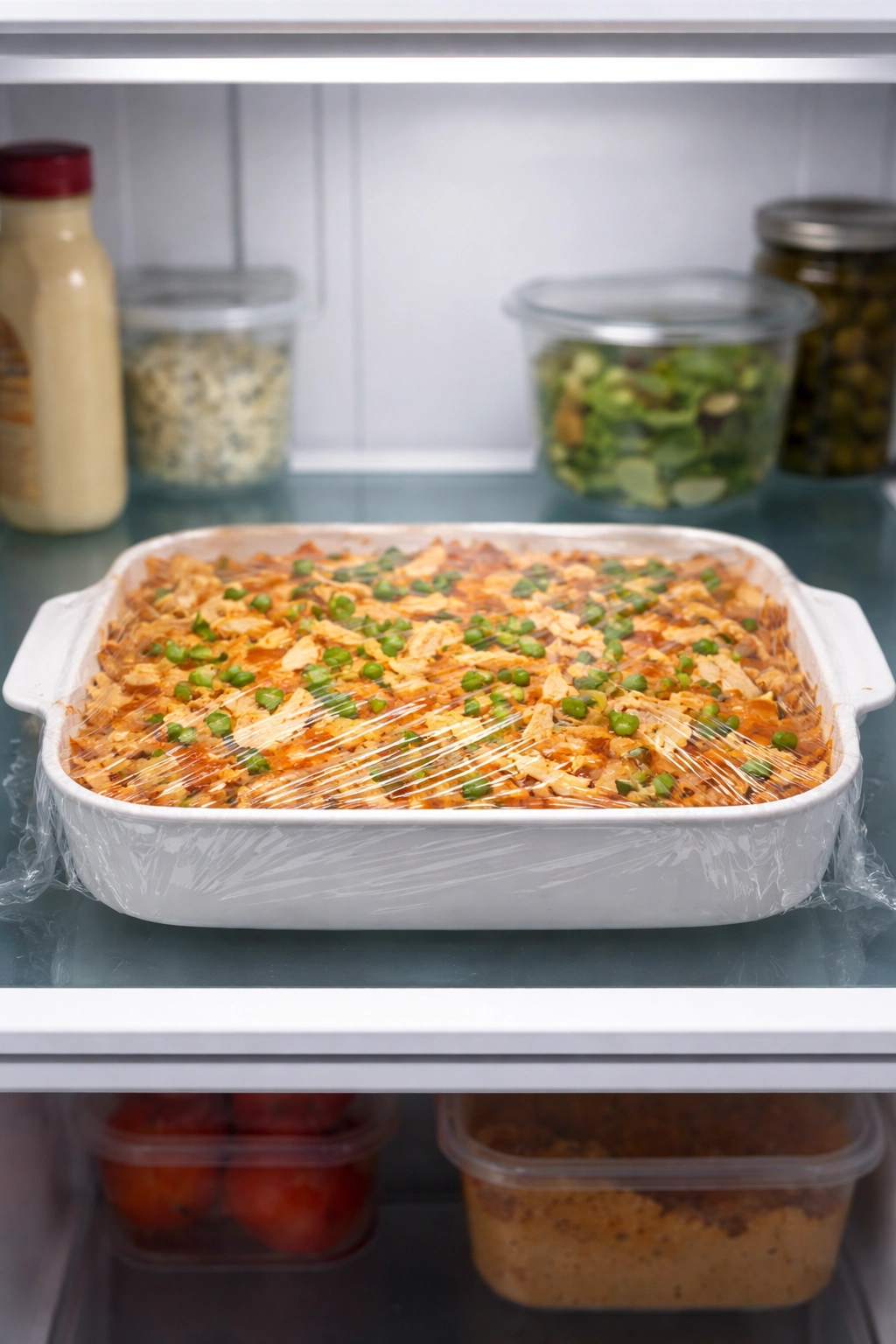 Casserole dish covered with plastic wrap on a refrigerator shelf