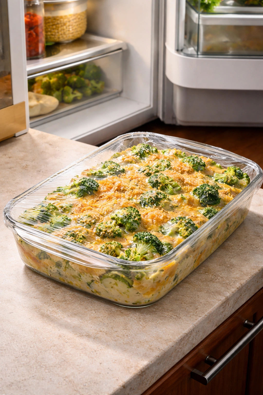 Assembled broccoli cheese bake covered with plastic wrap on counter