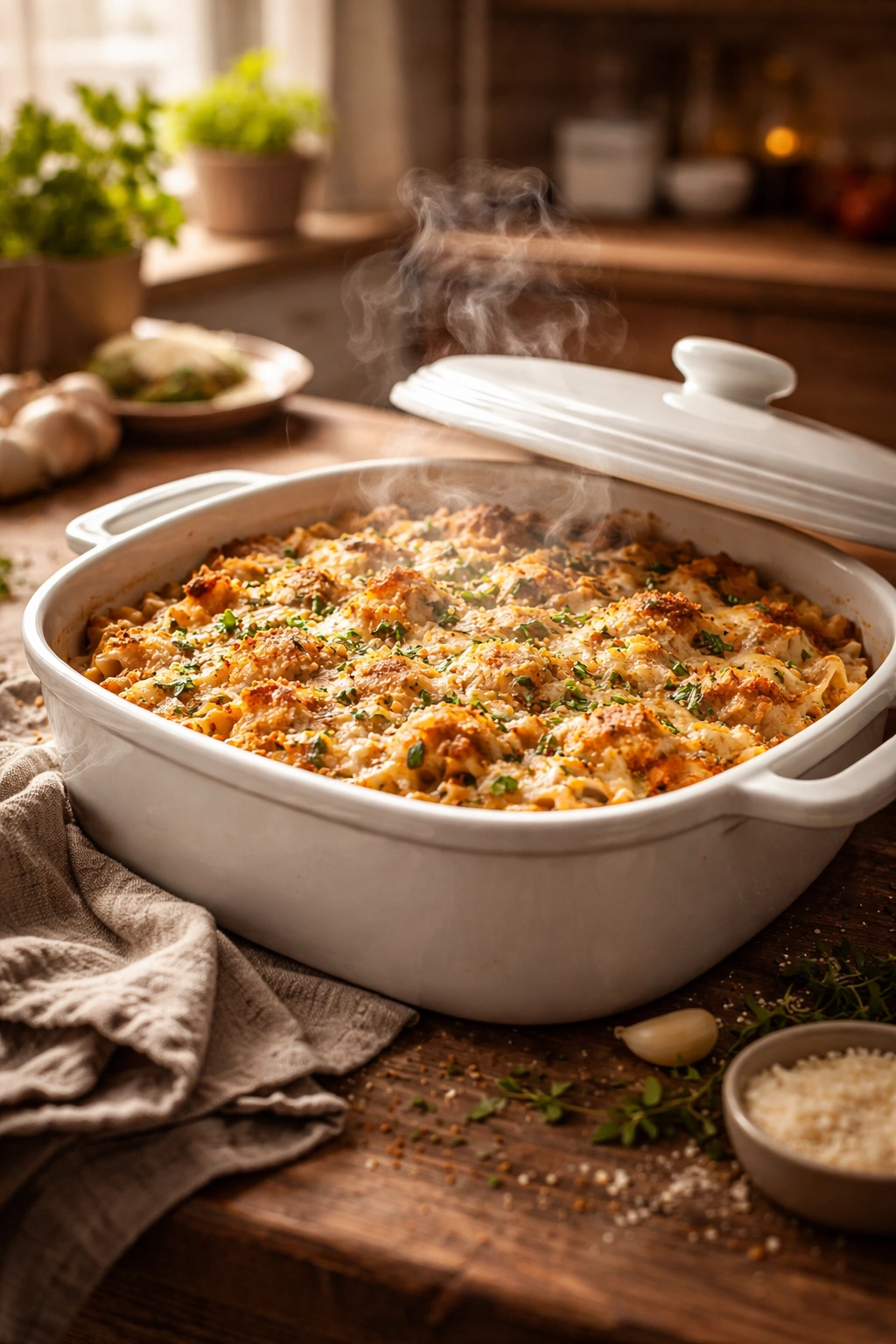 Make-ahead casserole dish on wooden counter, steam visible