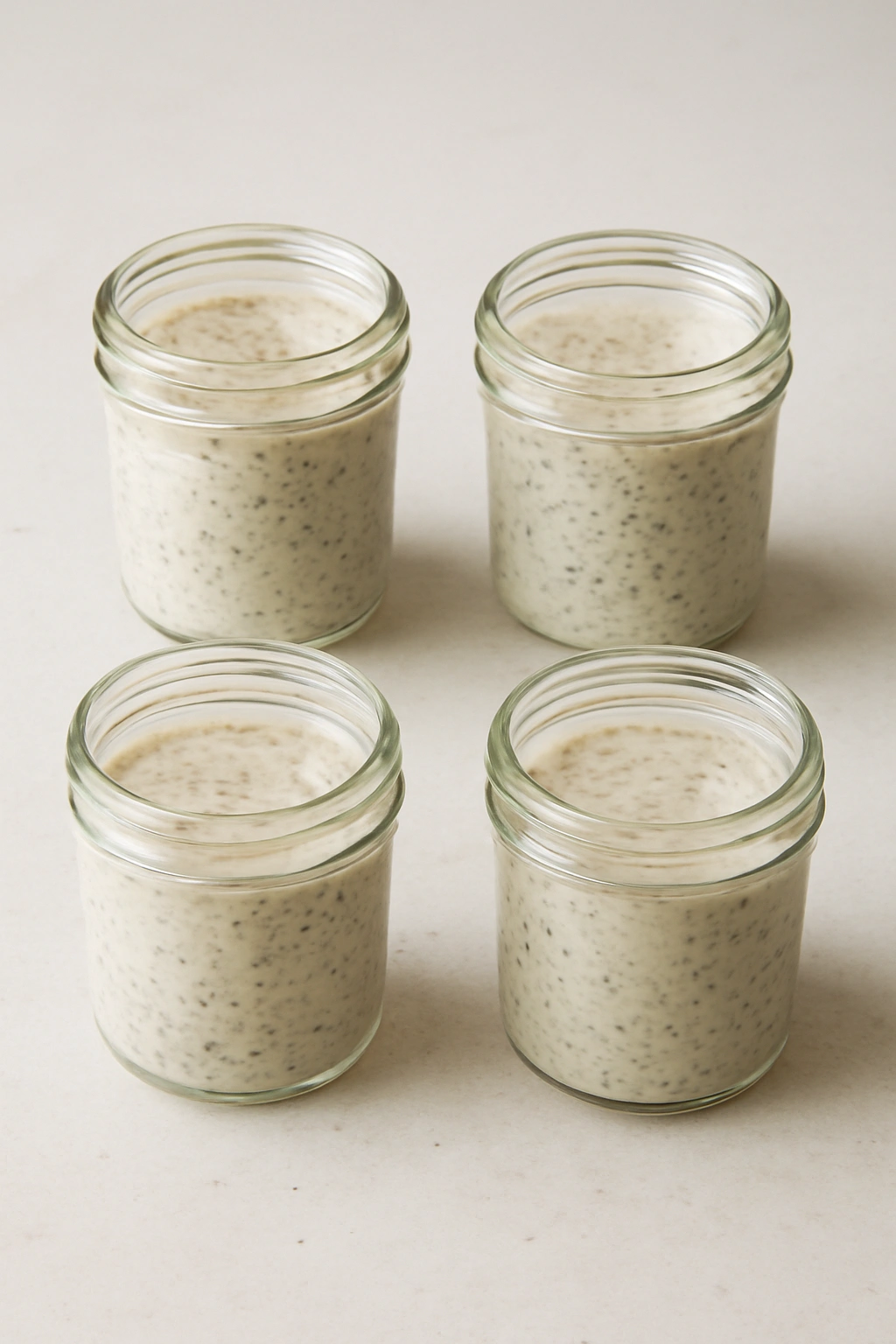 Four jars ready for make-ahead chia pudding prep
