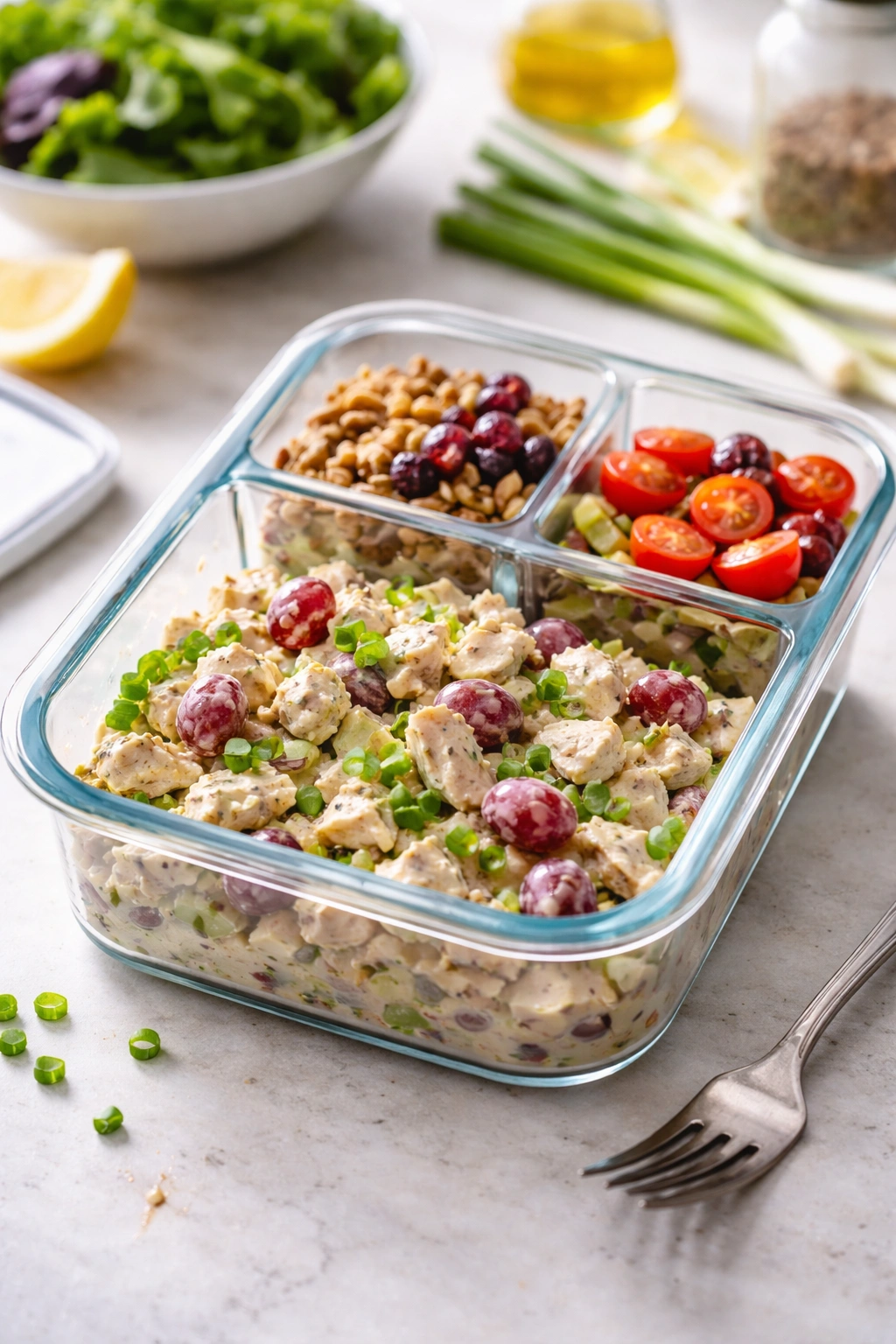 Base chicken salad in a container prepared for make-ahead meals