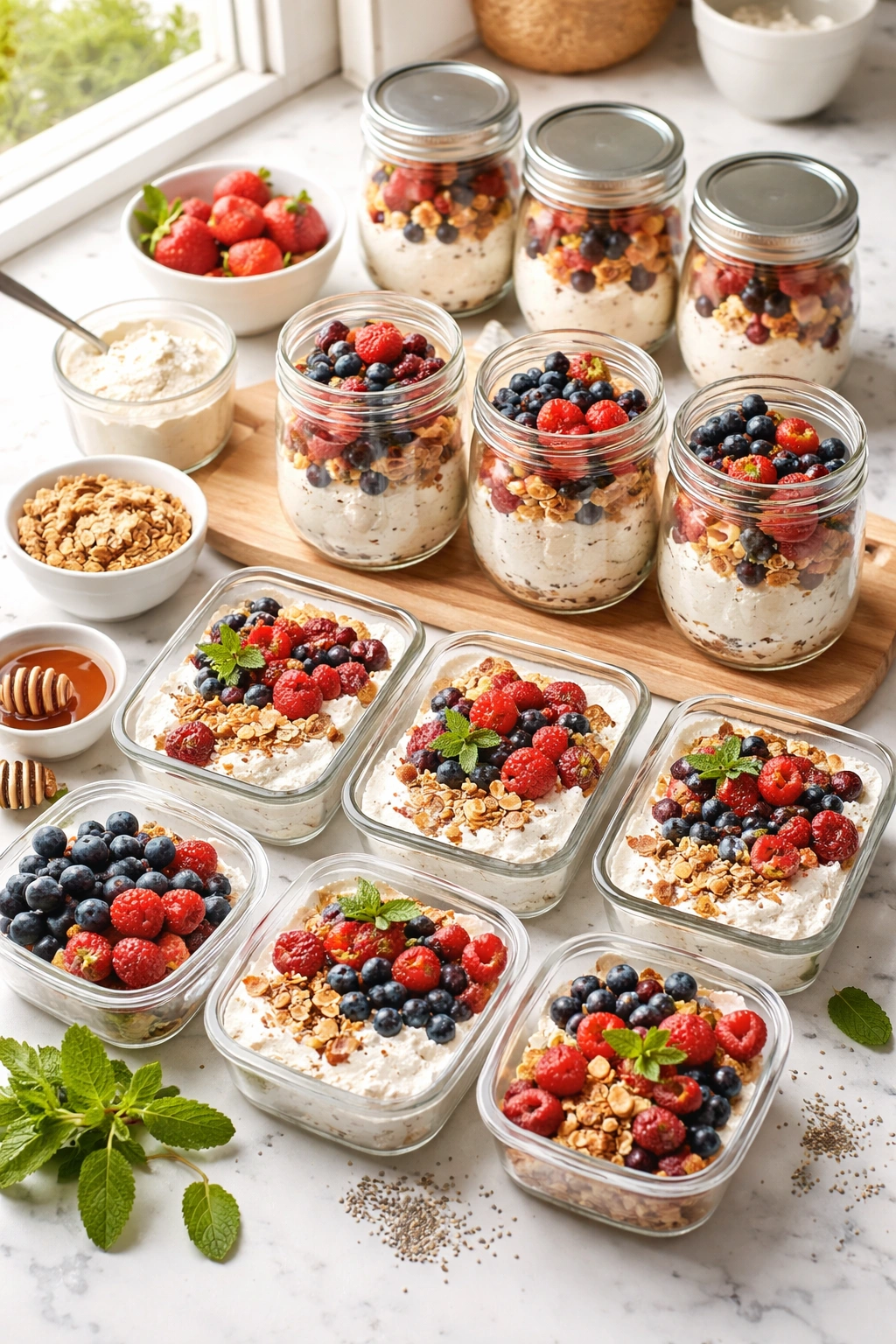 Flat lay of make-ahead cottage cheese breakfast jars and prep containers