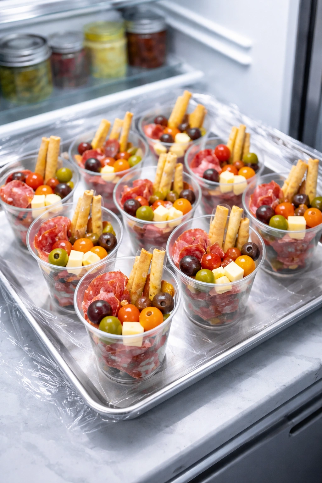 Tray of charcuterie cups ready for advance prep in fridge