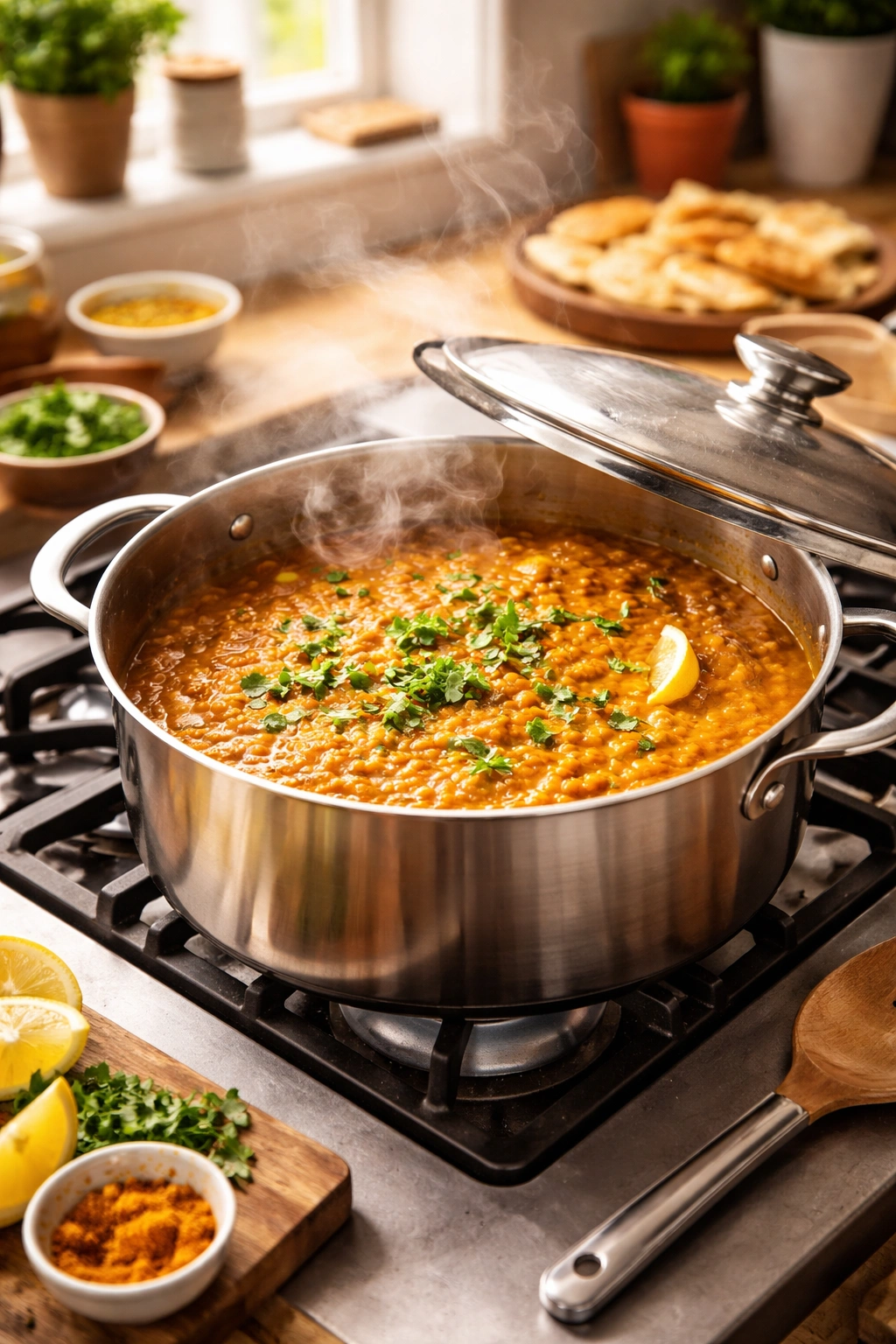 Pot of red lentil dahl on stove ready to reheat