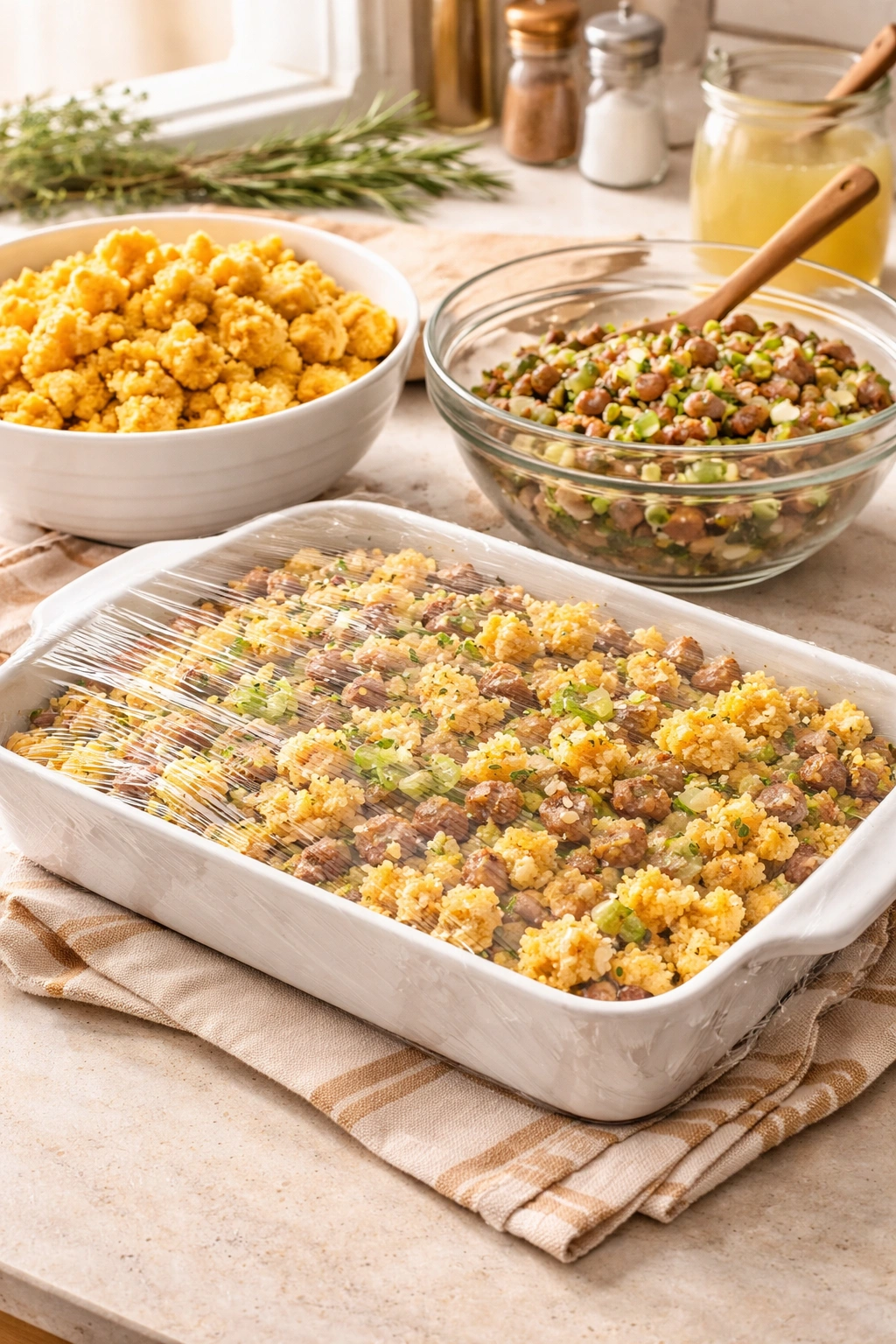 Dressing components for make-ahead prep: crumbled cornbread and sausage mixture on counter