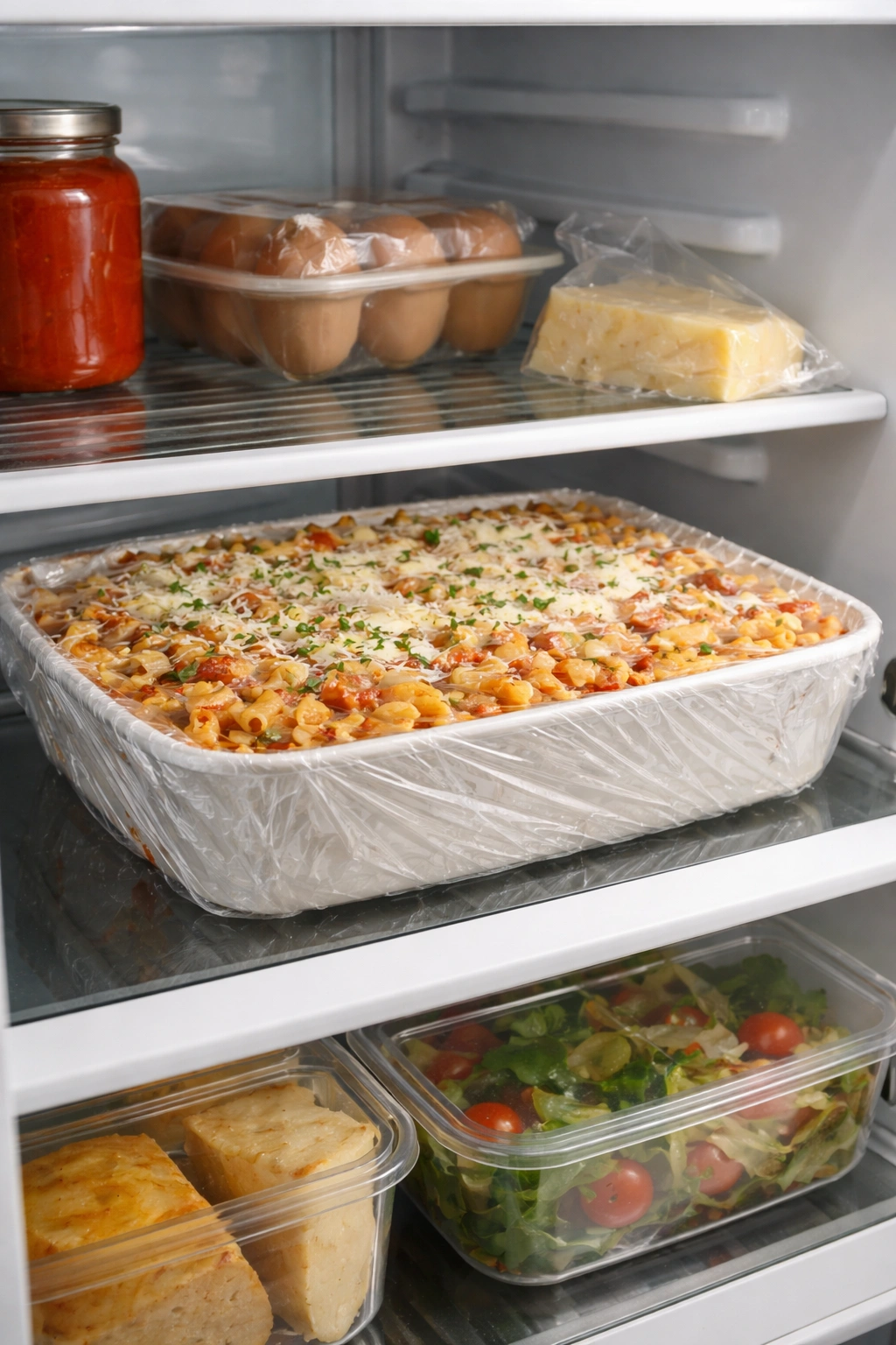 Casserole wrapped in plastic in refrigerator ready for make-ahead.