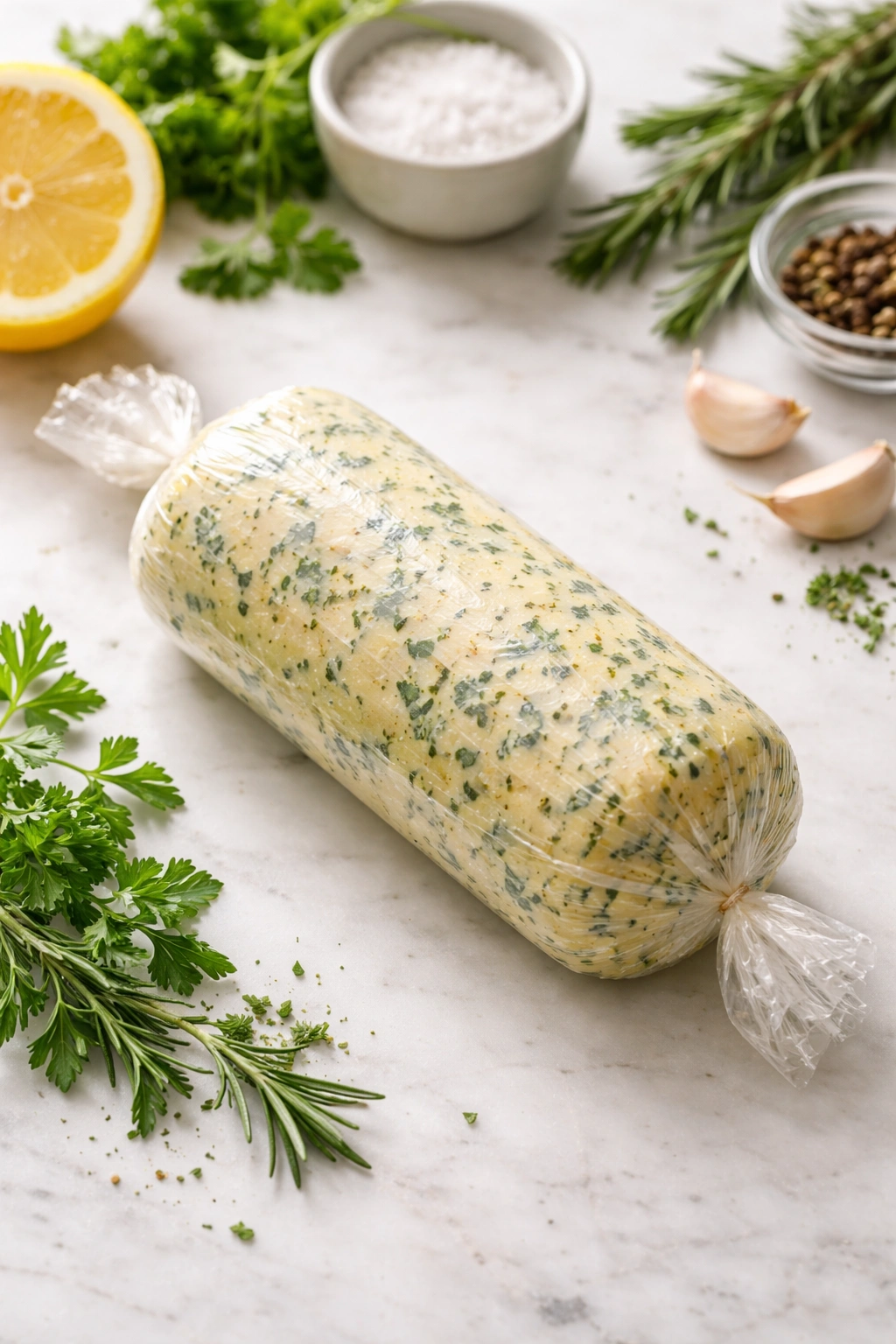 Herbed butter log wrapped in plastic on counter
