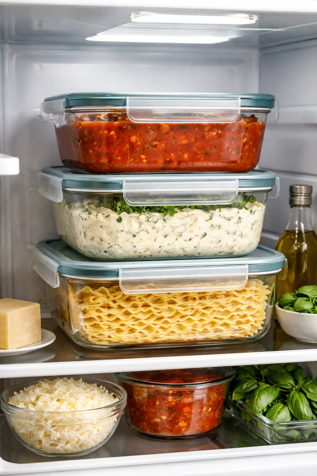Fridge storage of layered lasagna components in clear containers
