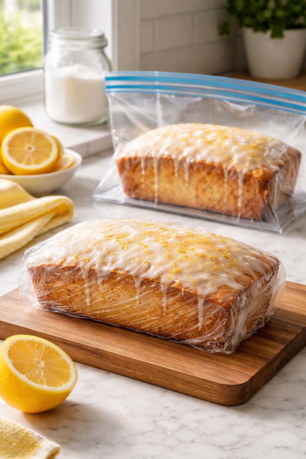 Lemon cake wrapped for storage and ready for make-ahead use