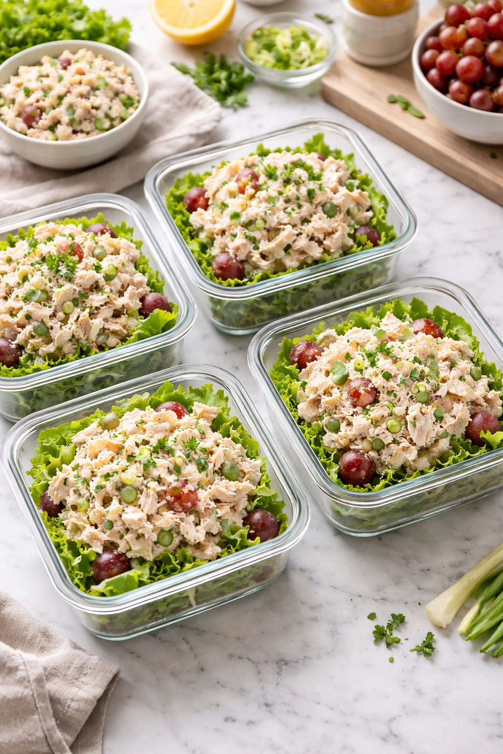 Four glass containers of chicken salad for make-ahead lunches on a bright counter