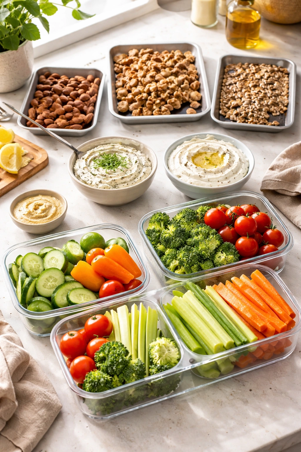 Assorted prepped lunch components: roasted nuts, dips, and chopped vegetables on a bright kitchen counter.