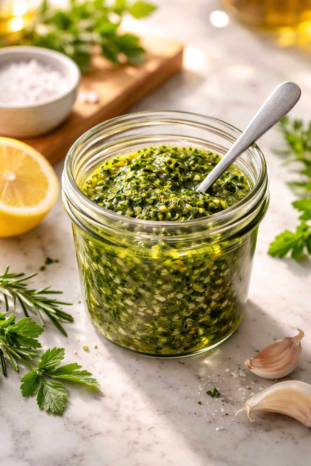 Close-up of a jar with herb marinade on a clean kitchen counter, suggesting make-ahead prep for date night