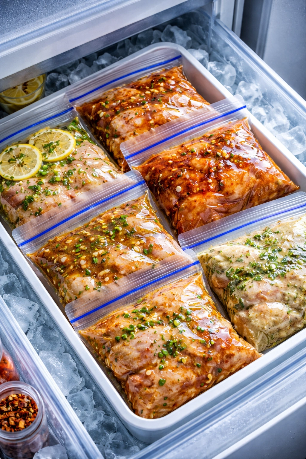 Multiple freezer bags with marinated chicken neatly arranged in a freezer drawer