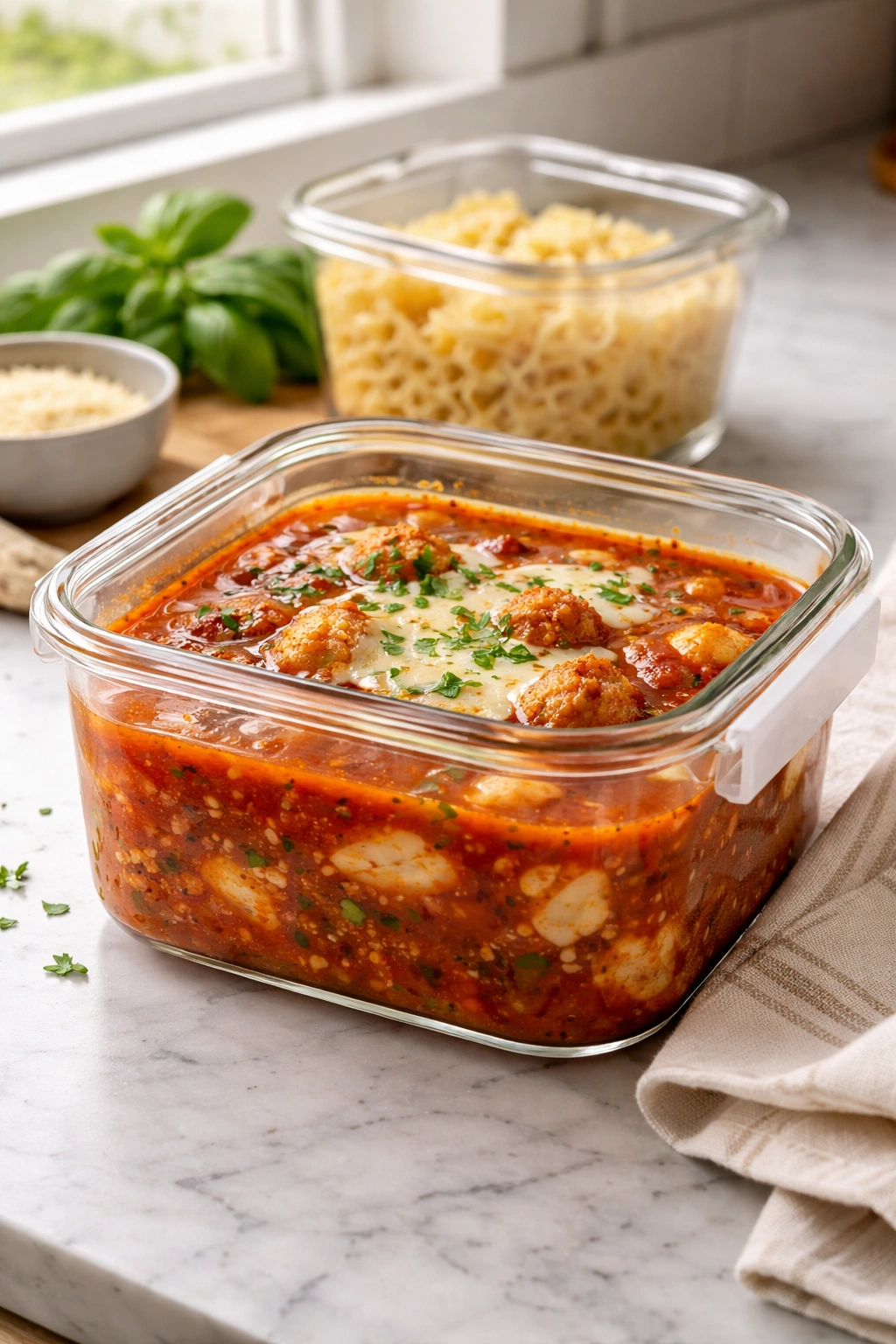 Container of soup base prepared for make-ahead storage in the fridge