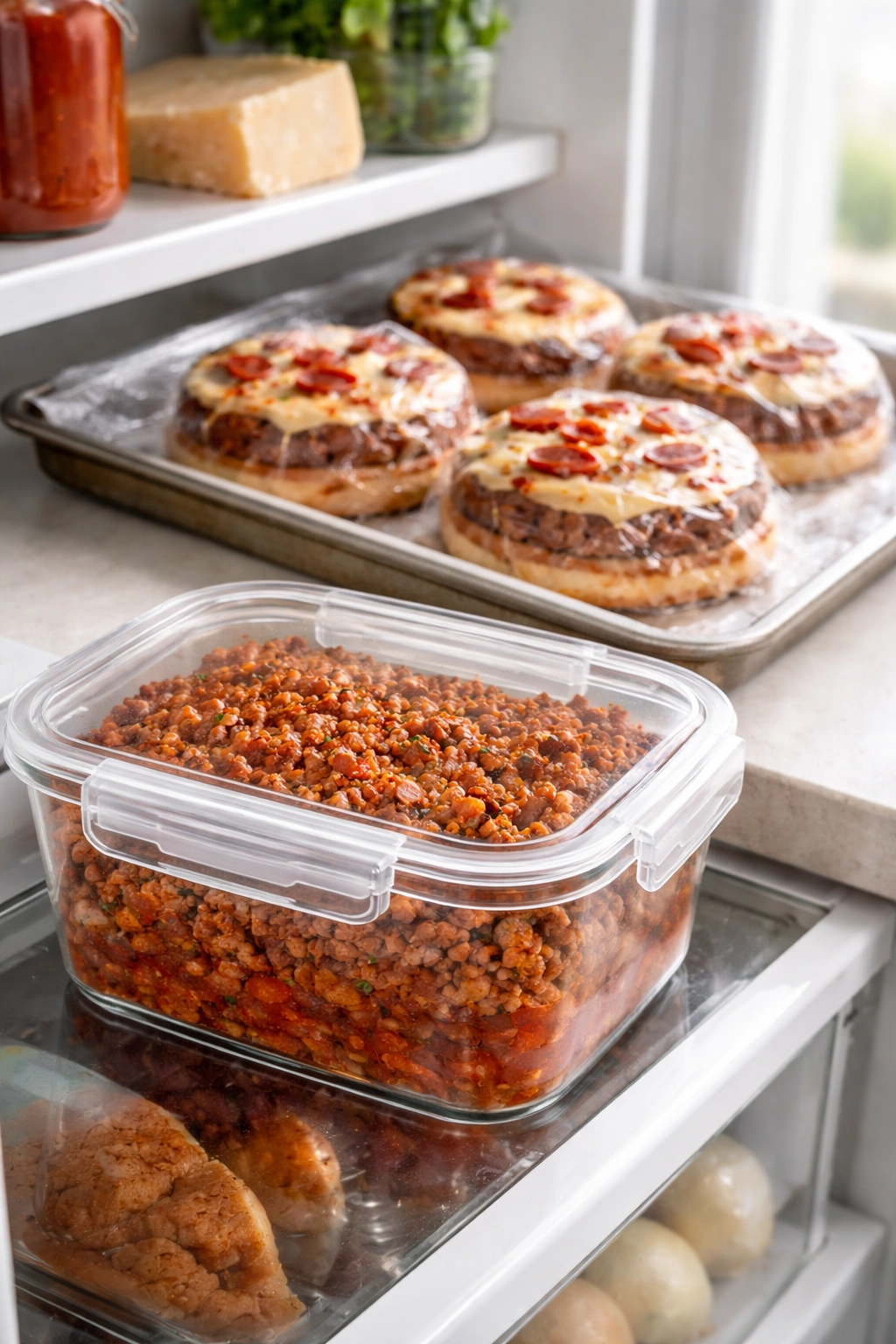 Glass airtight container of meat filling and sauce in refrigerator for make-ahead storage