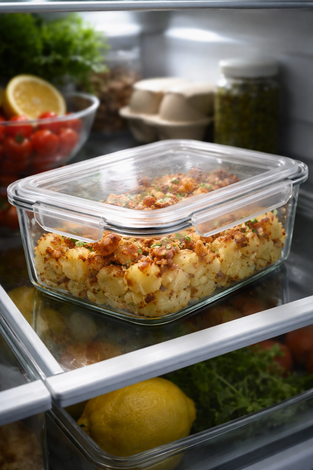Glass container with prepared smashed potatoes in fridge illustrating make-ahead storage