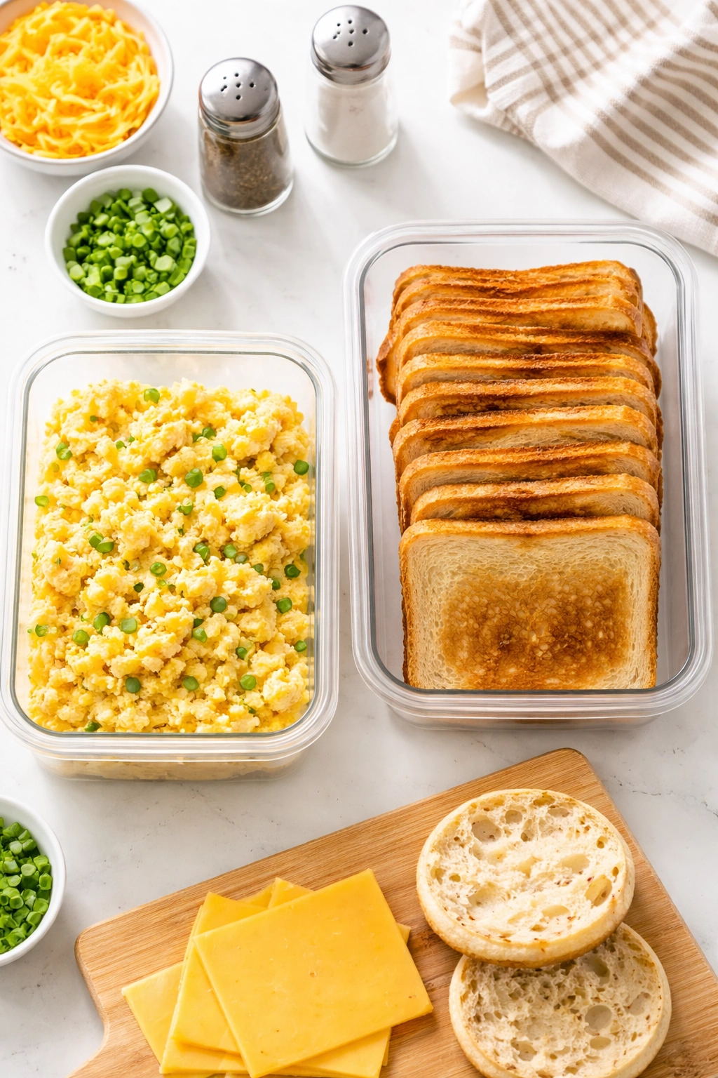 Meal-prep components for egg sandwiches with eggs and bread ready to assemble.