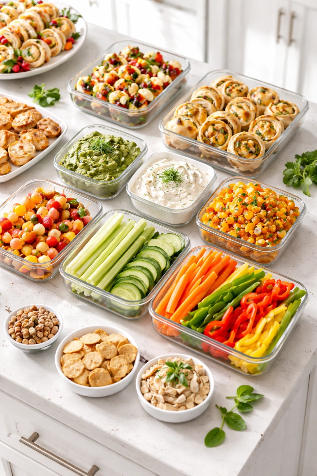 Well-organized prep station with dips, pastries, and pre-cut vegetables