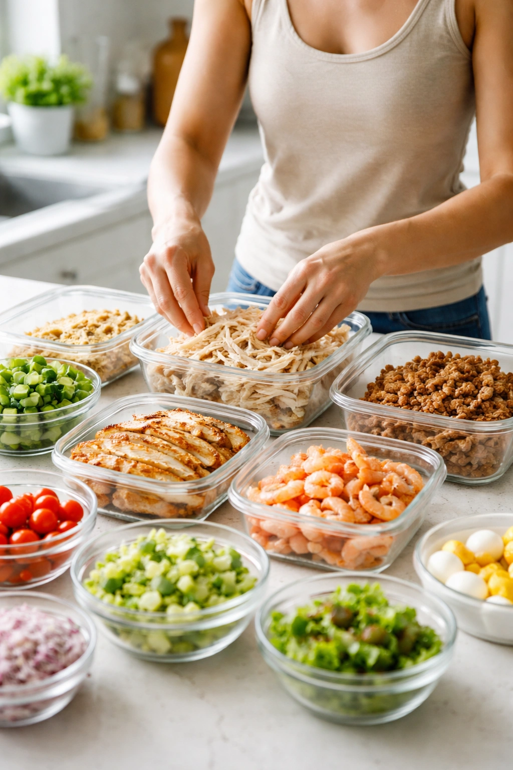 Hands placing pre-cooked protein into clear storage containers on a counter