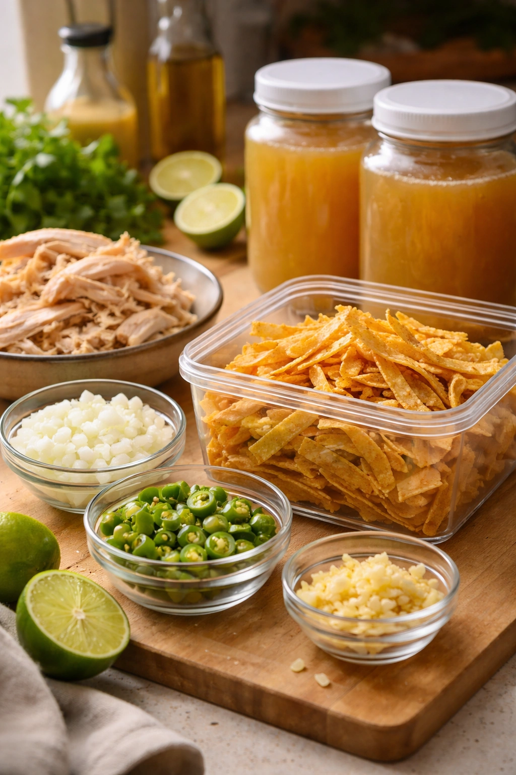 Prep station with pre-chopped vegetables and crispy tortilla strips