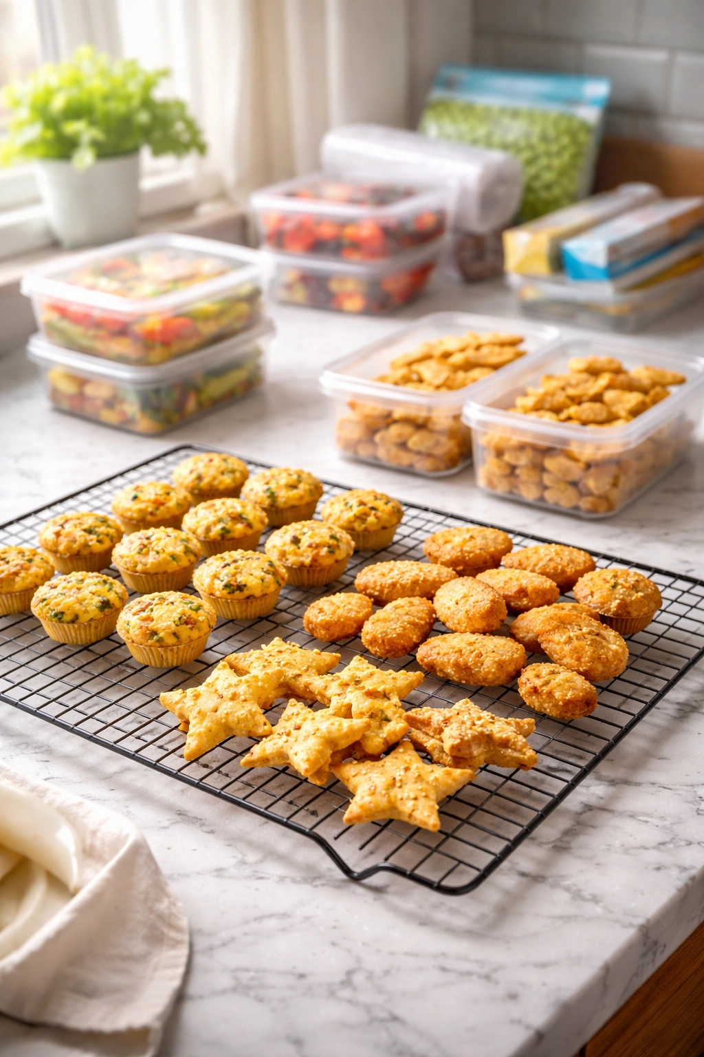 Baked puffs cooling on a rack in a bright kitchen