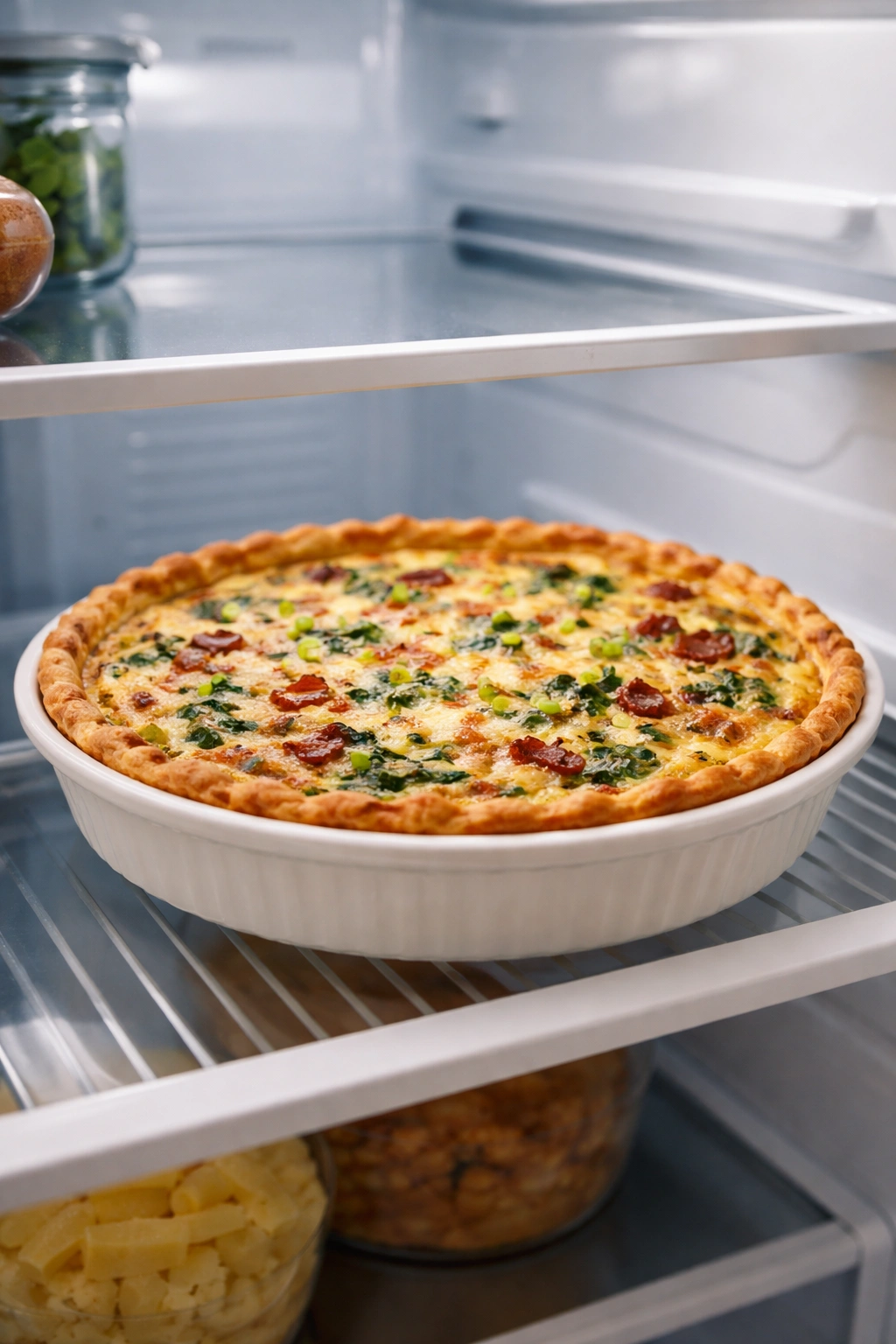 Quiche waiting in fridge for make-ahead breakfast solution