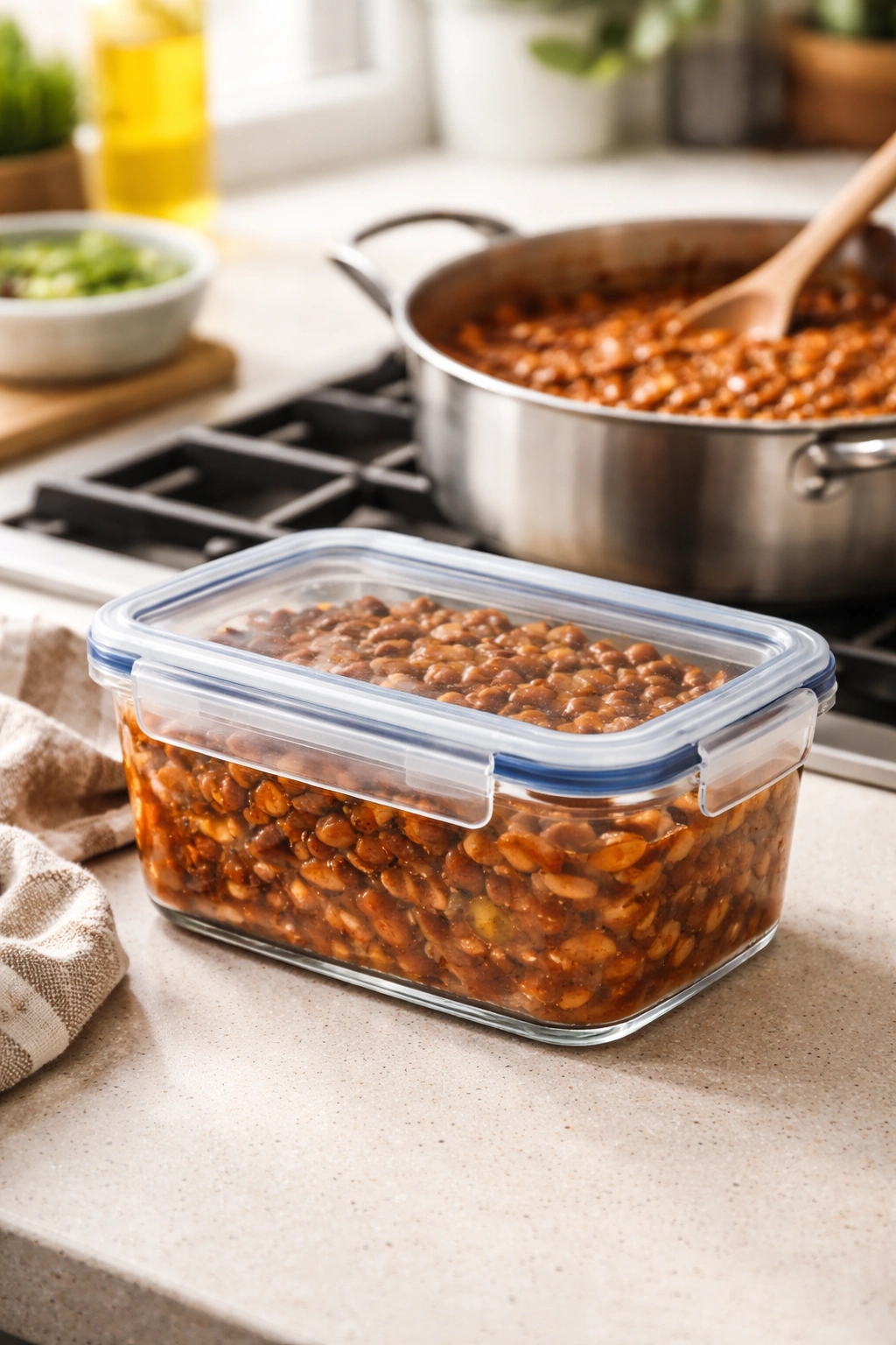 Glass container of cooked beans ready for make-ahead storage