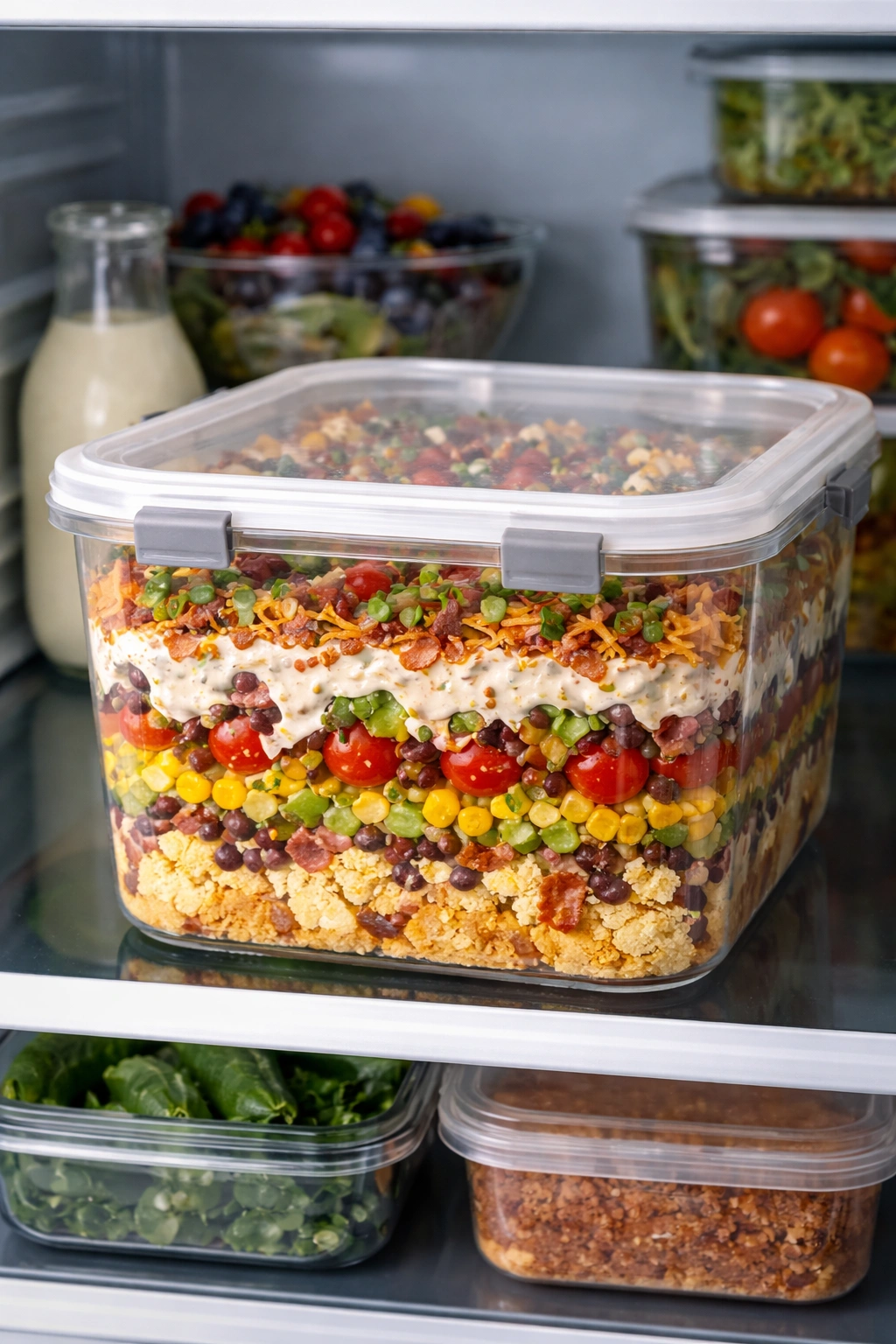 Airtight container of cornbread salad in a fridge
