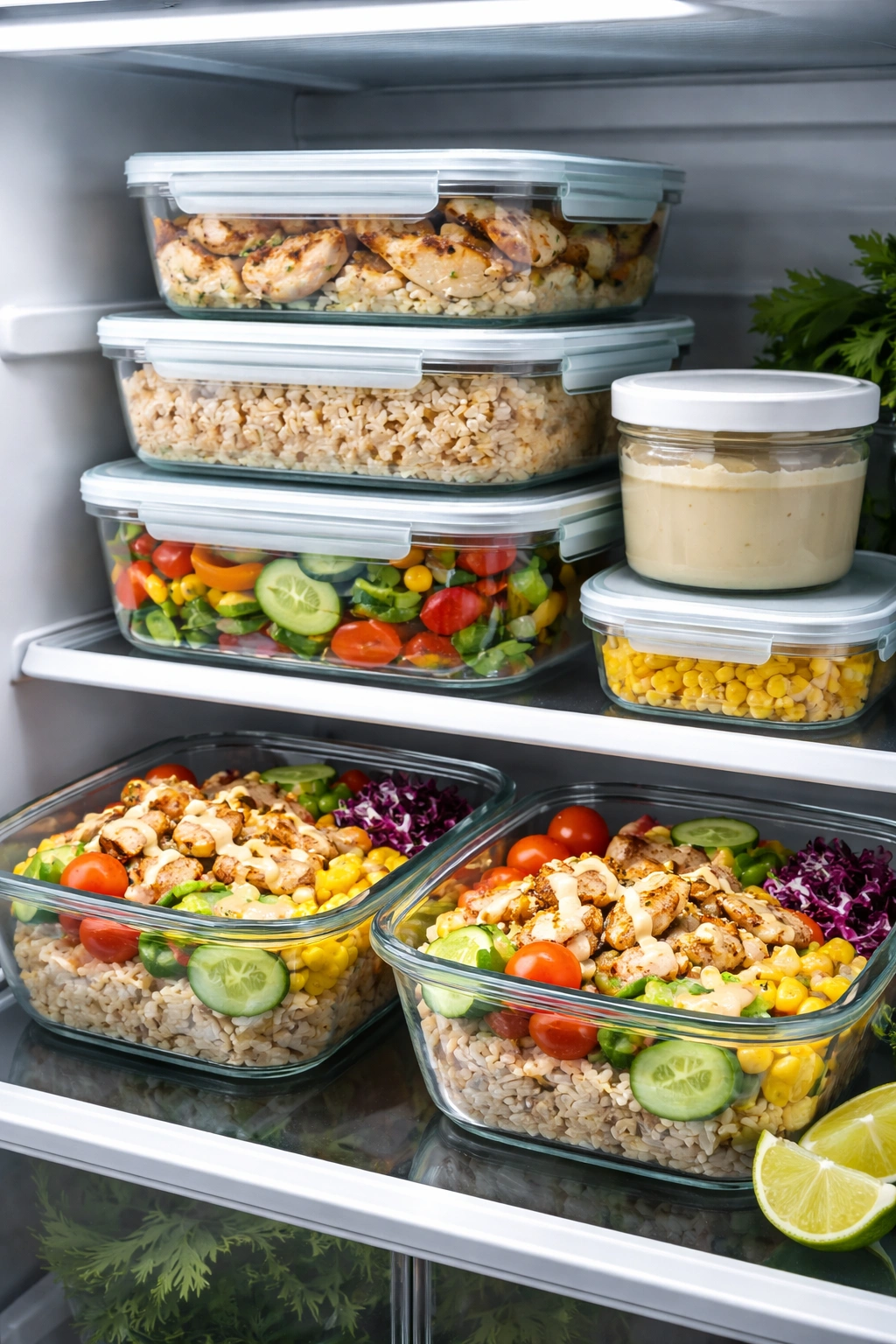 Fridge with stacked containers of rice, chicken, and vegetables for make-ahead bowls.