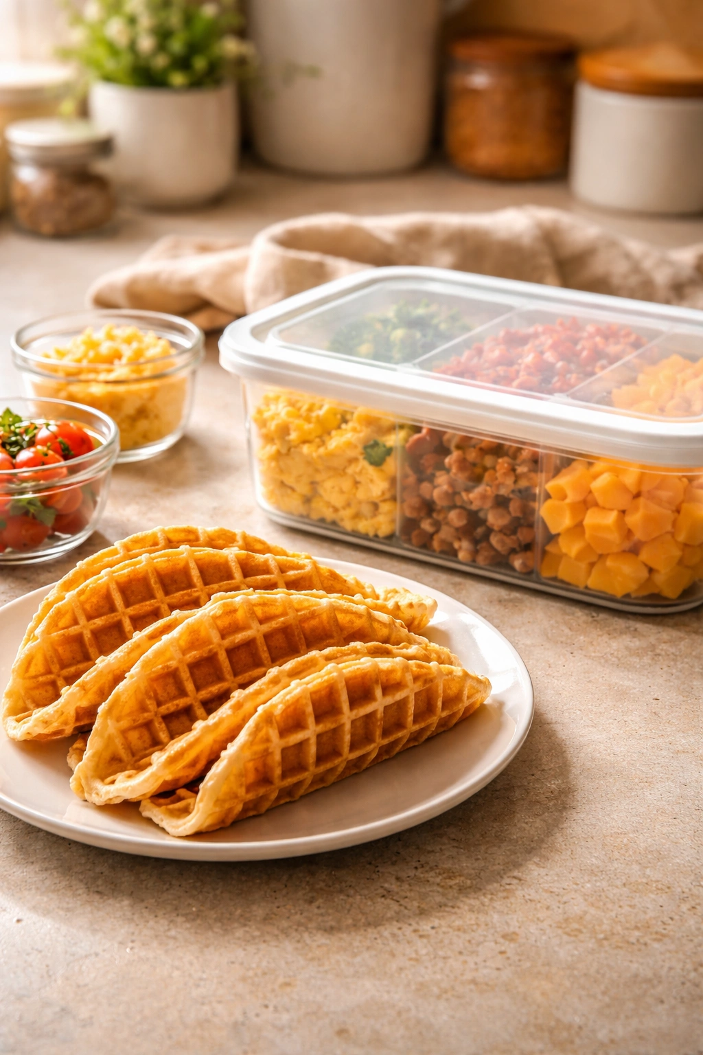 Stack of waffle shells stored in an airtight container