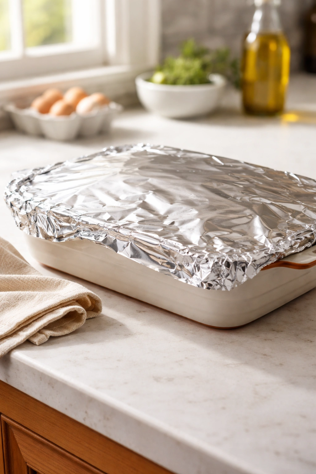 Foiled baking dish in a kitchen suggesting make-ahead dressing storage