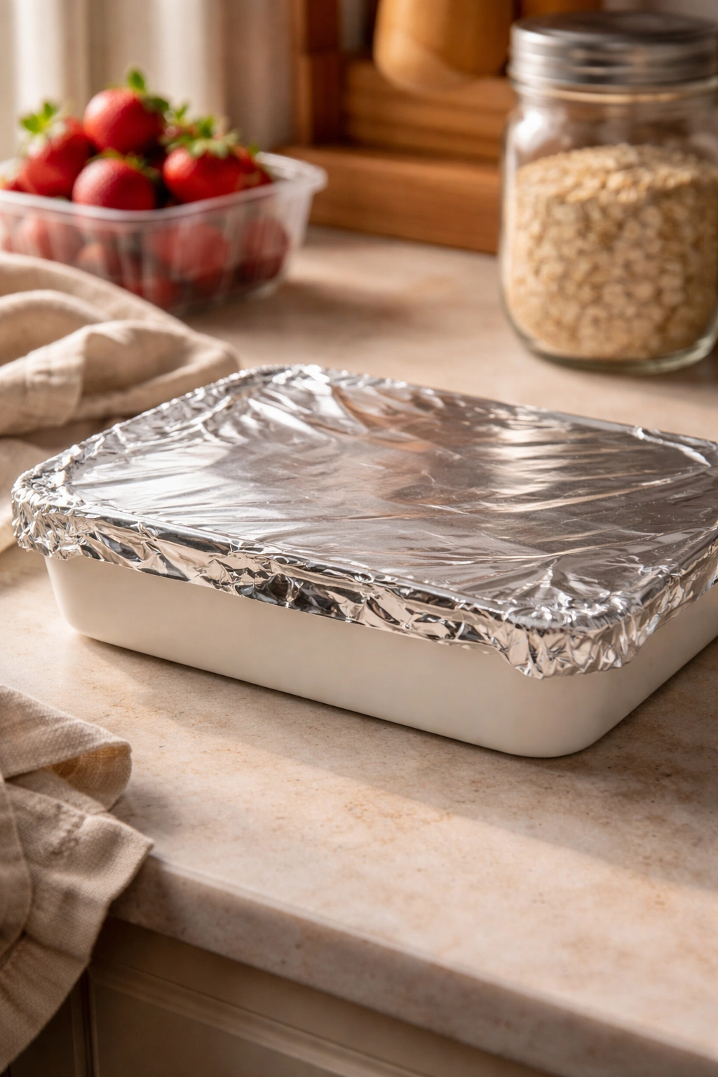 Foil-covered fruit crisp awaiting make-ahead storage on a kitchen counter