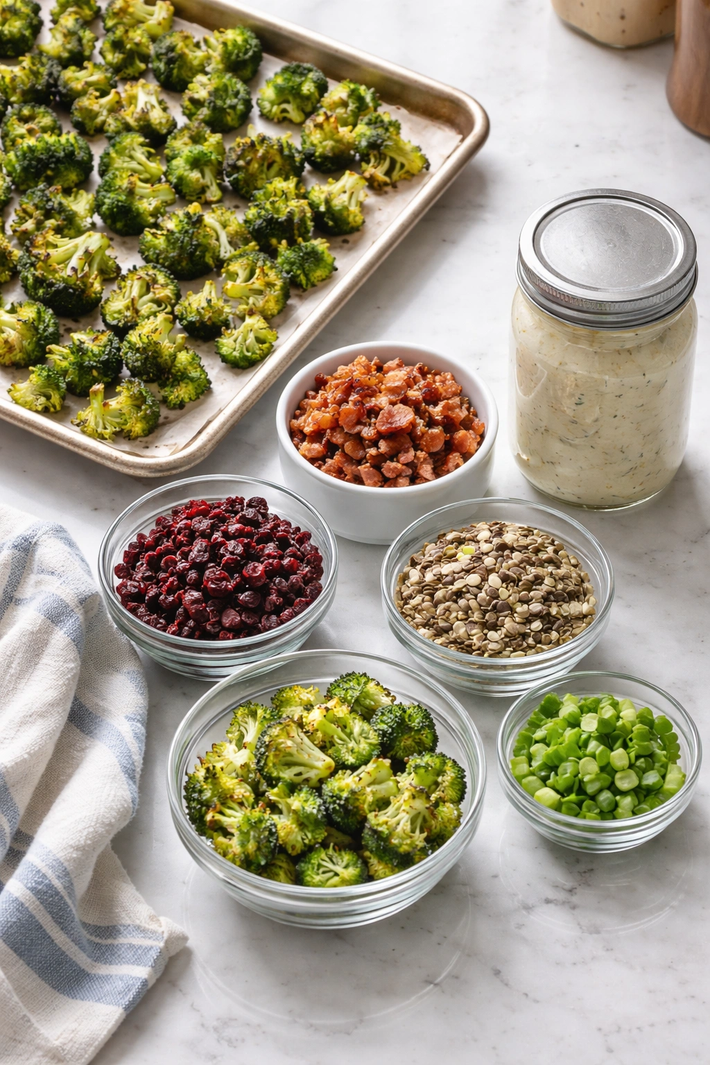 Prepped broccoli salad components organized for make-ahead storage