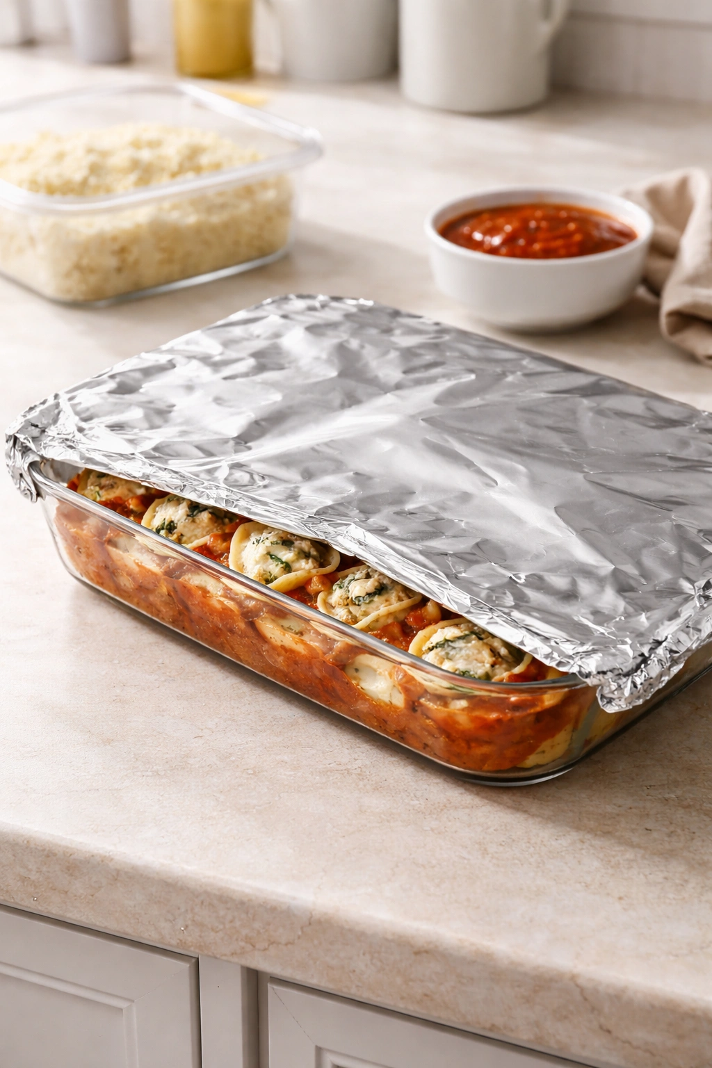 Foil-covered casserole ready for refrigeration on a clean counter.
