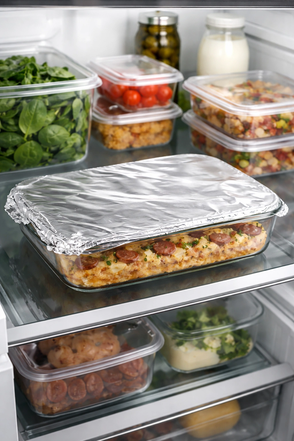 Foiled casserole dish stored in a refrigerator to illustrate make-ahead and storage