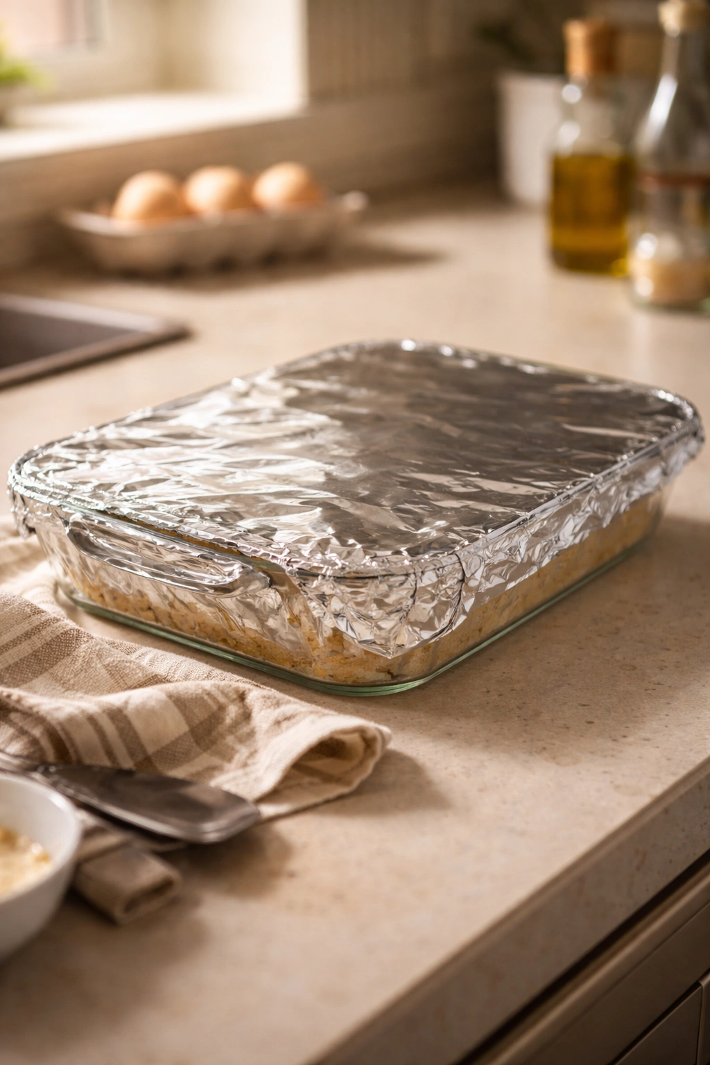 Foil-wrapped casserole for storage and make-ahead options
