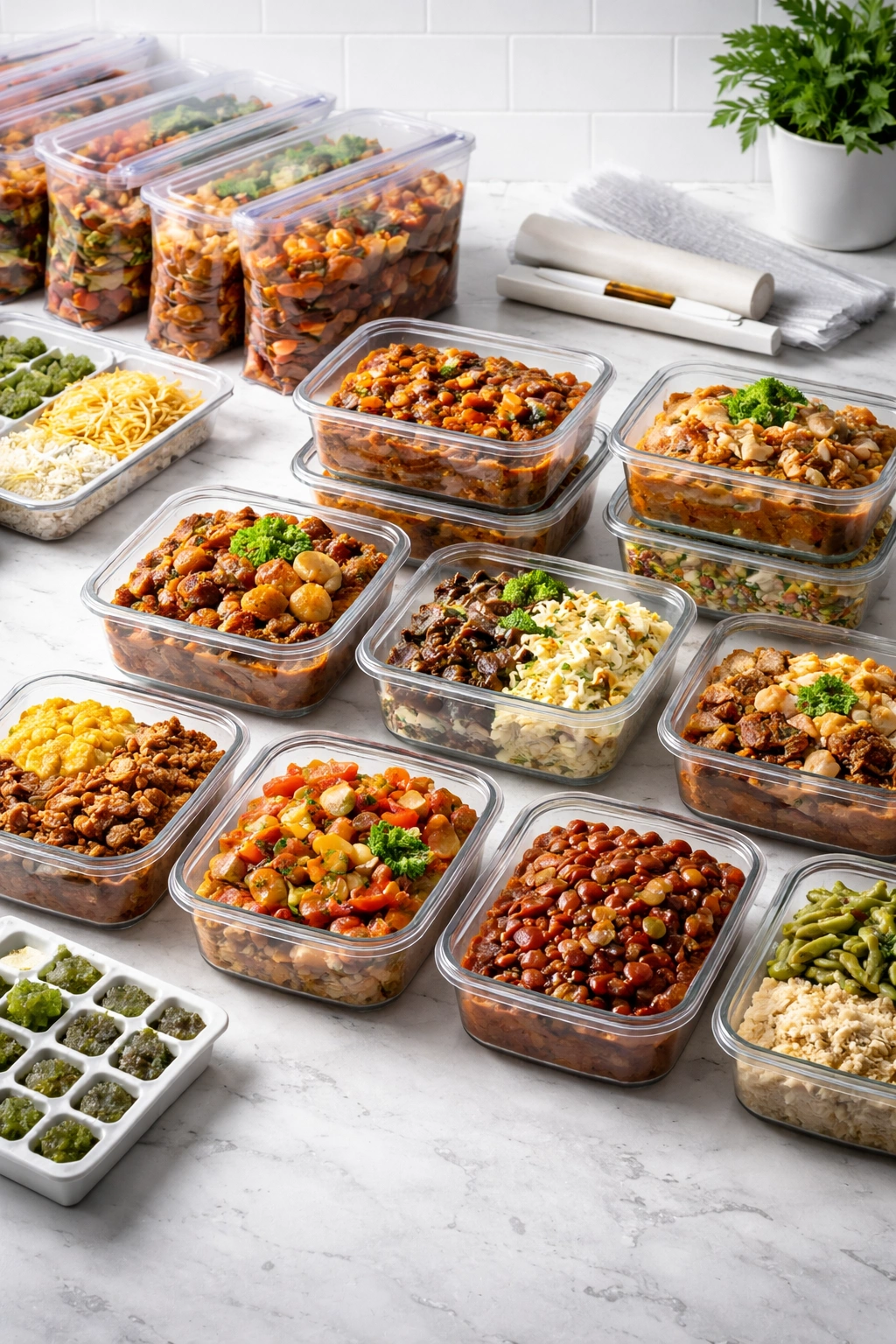Meal-prep containers with portions ready for freezing.