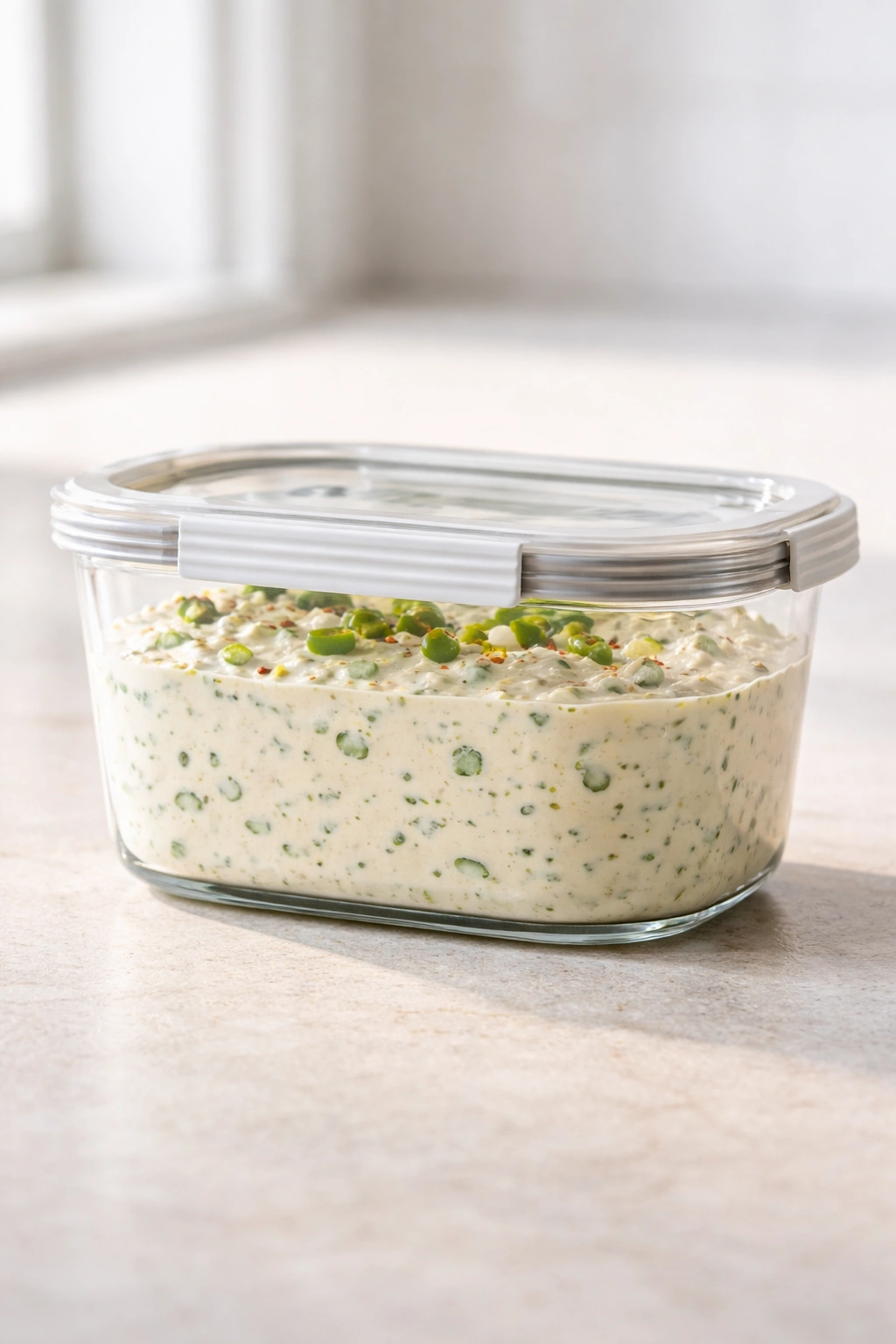 Airtight container of creamy jalapeño dip on a clean kitchen counter