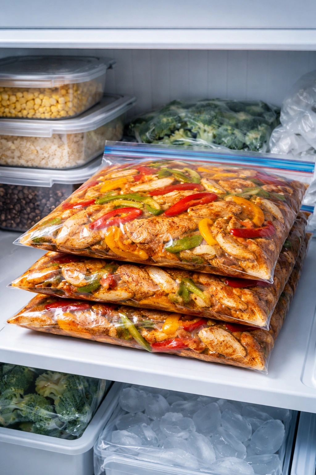 Freezer bags with chicken and peppers stored in freezer