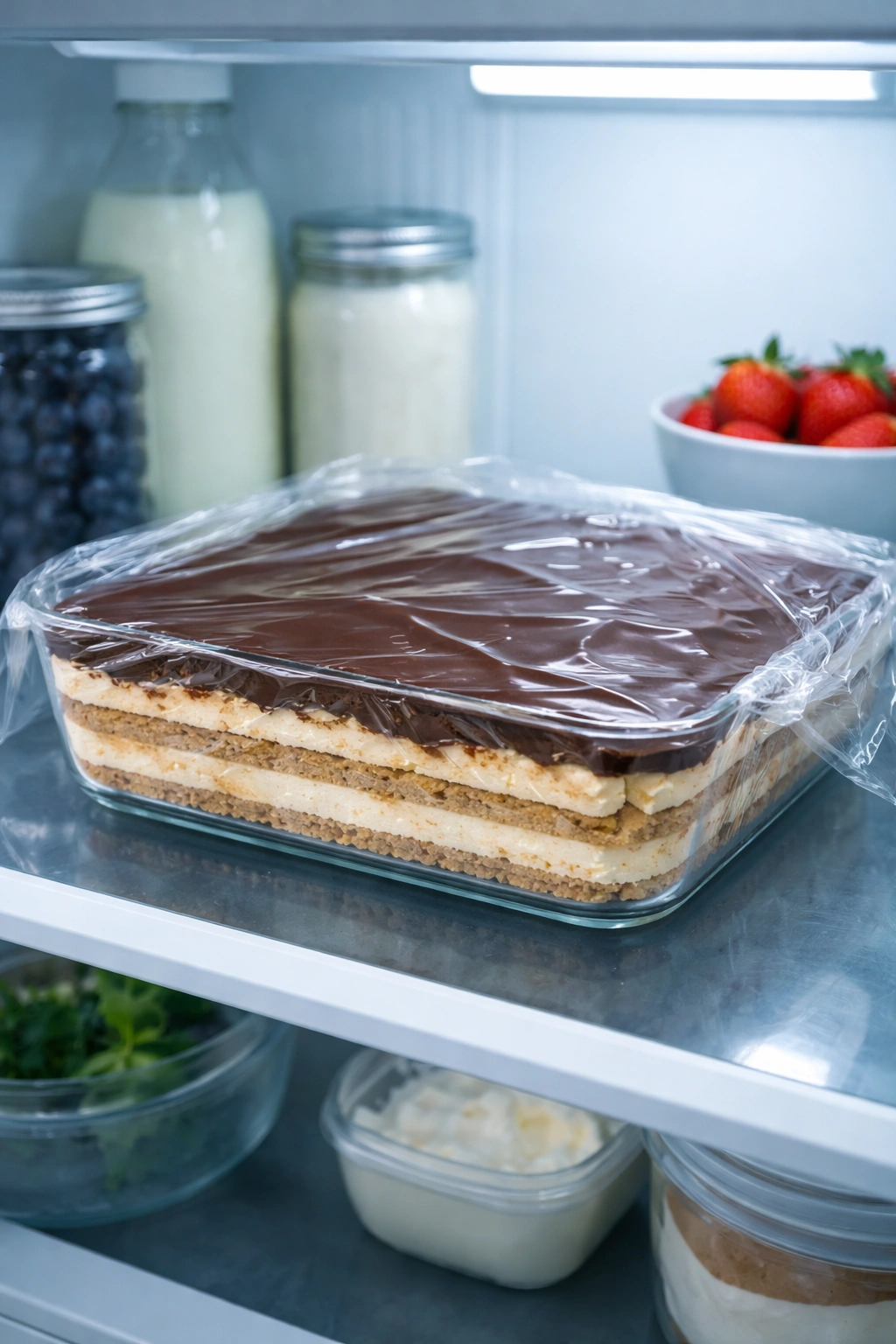 No-bake cake chilling in refrigerator wrapped in plastic