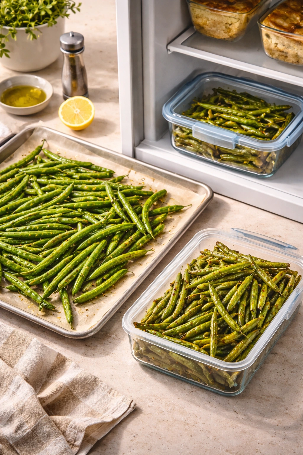 Beans prepped for roasting on a sheet pan and stored in fridge in a container