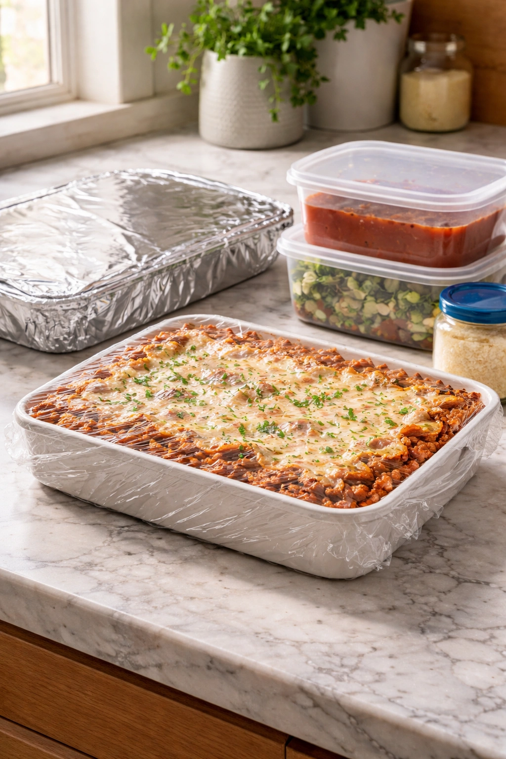 Lasagna wrapped for make-ahead storage on counter