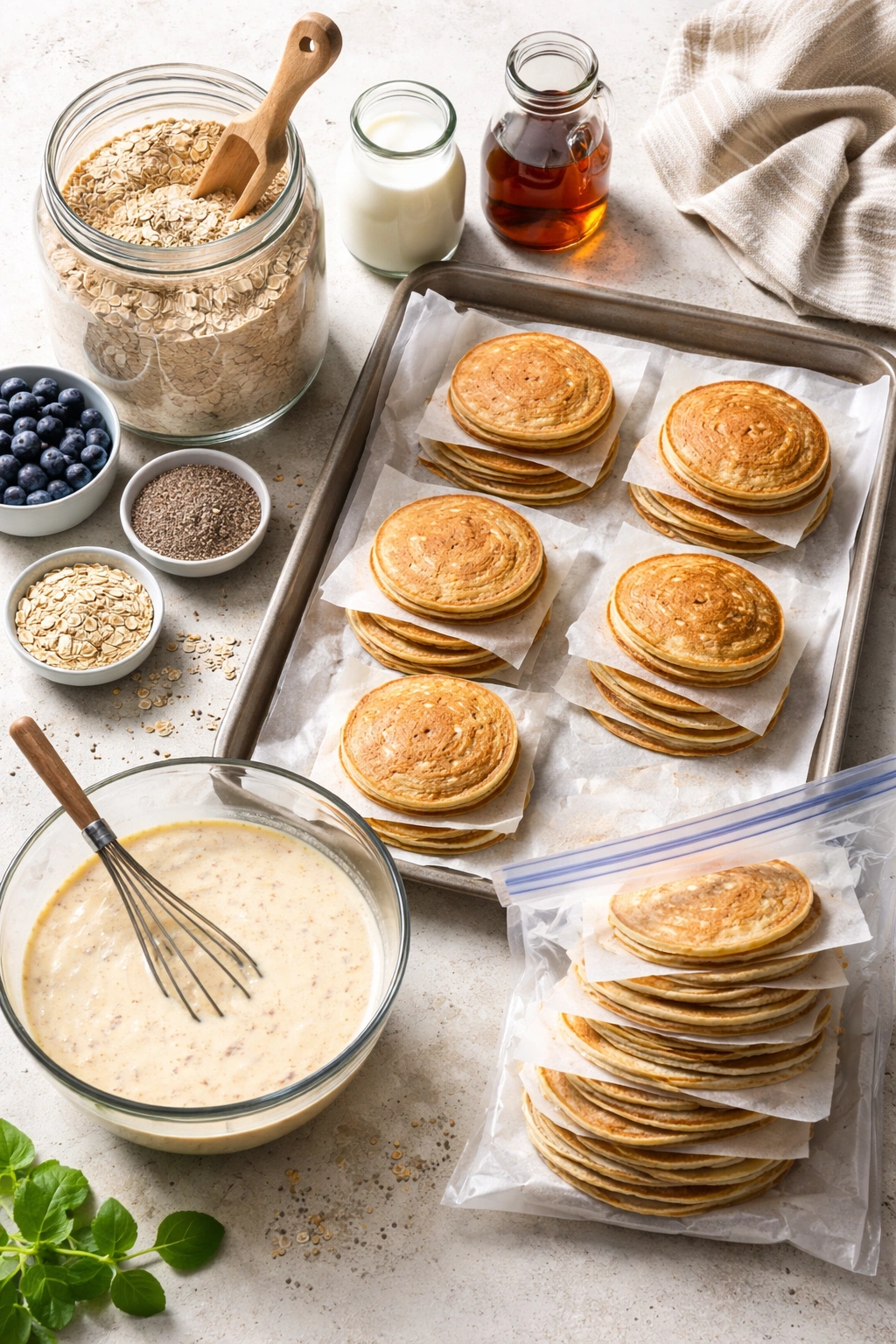 Kitchen setup showing make-ahead dry and wet ingredients and a stack of pancakes prepared for freezing