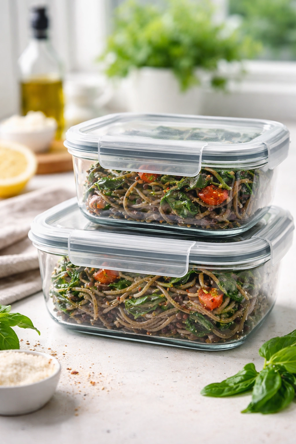 Glass storage containers with cooled pasta and greens illustrating make-ahead guidance.