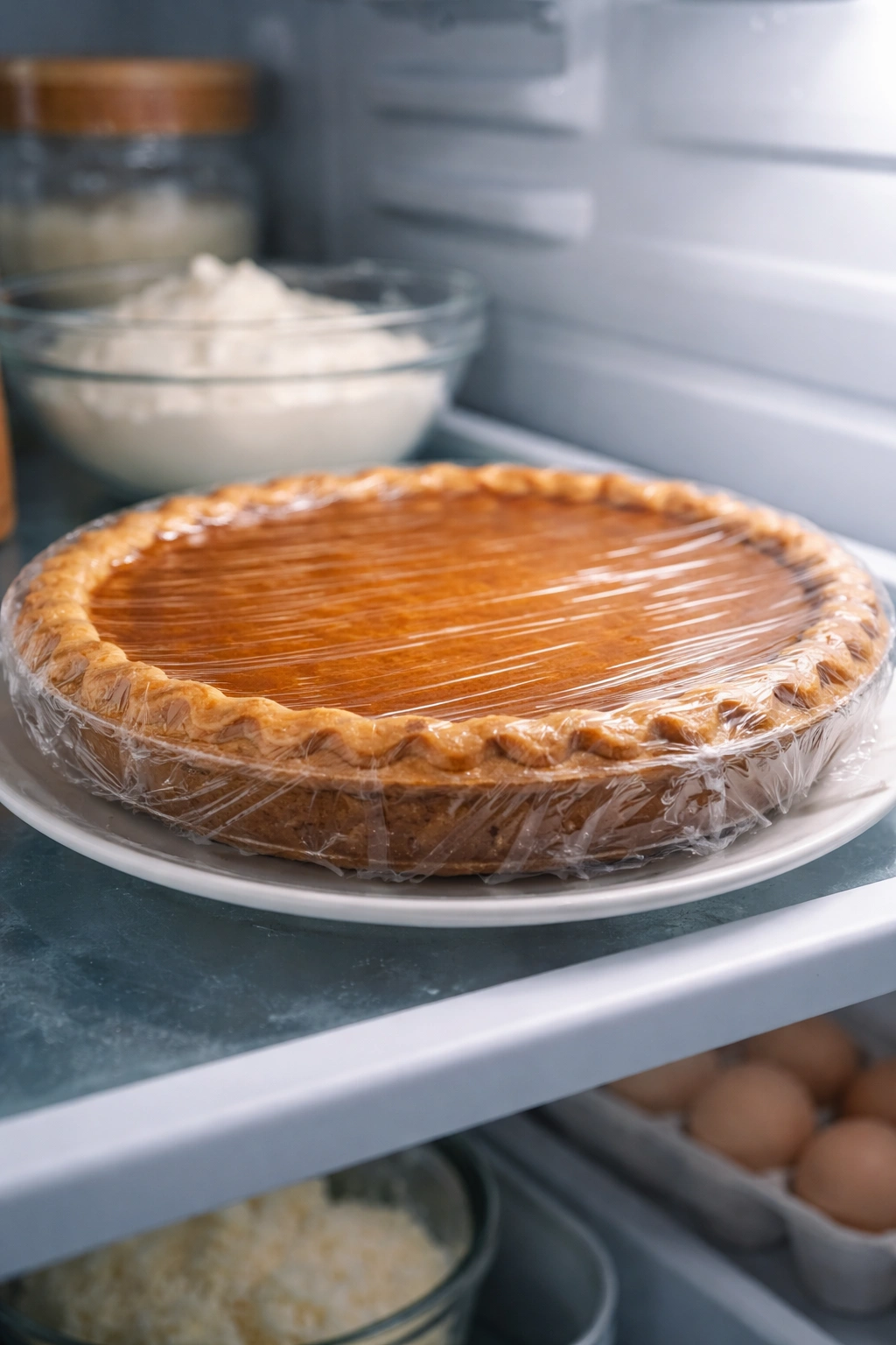 Pumpkin pie wrapped in plastic in the refrigerator for make-ahead storage
