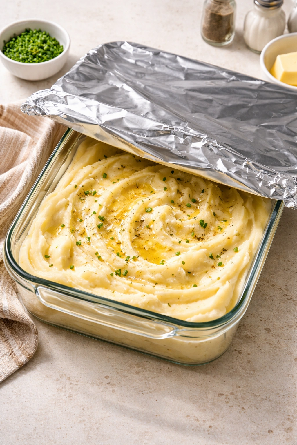 Mashed potatoes in a foil-covered baking dish ready for storage