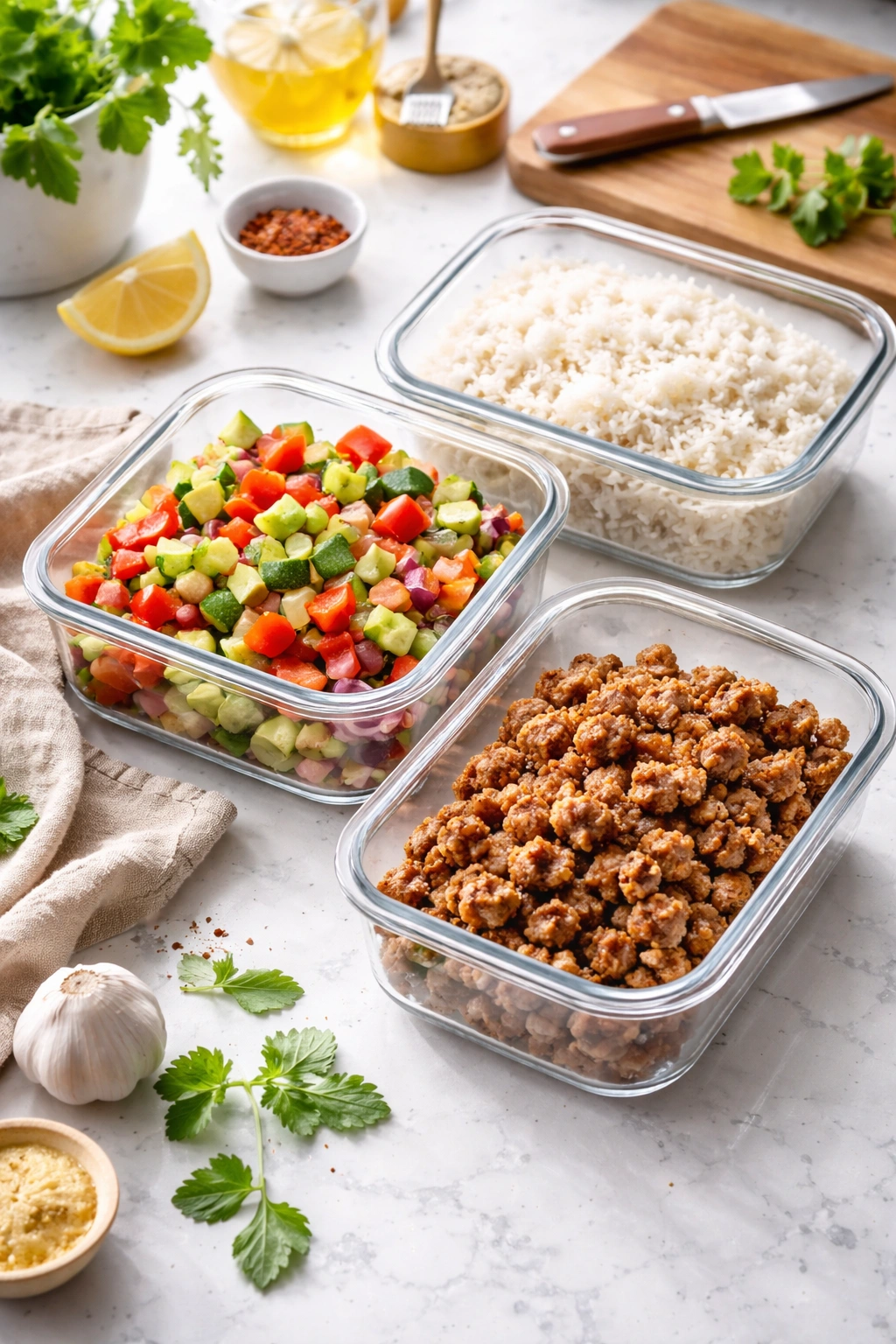 Glass storage containers with prepped sausage and vegetables on a kitchen counter